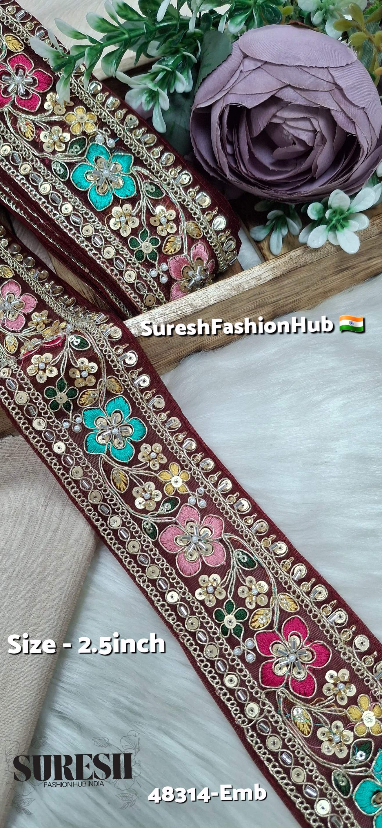 Maroon Multicolor Kaddana Floral Embroidery Lace