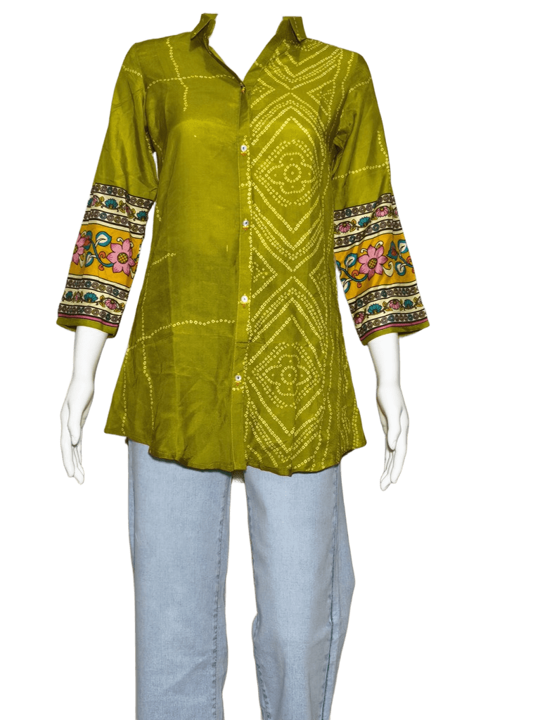 Prom Girl Women's Olive Green Cotton Straight-Cut Printed Tunic