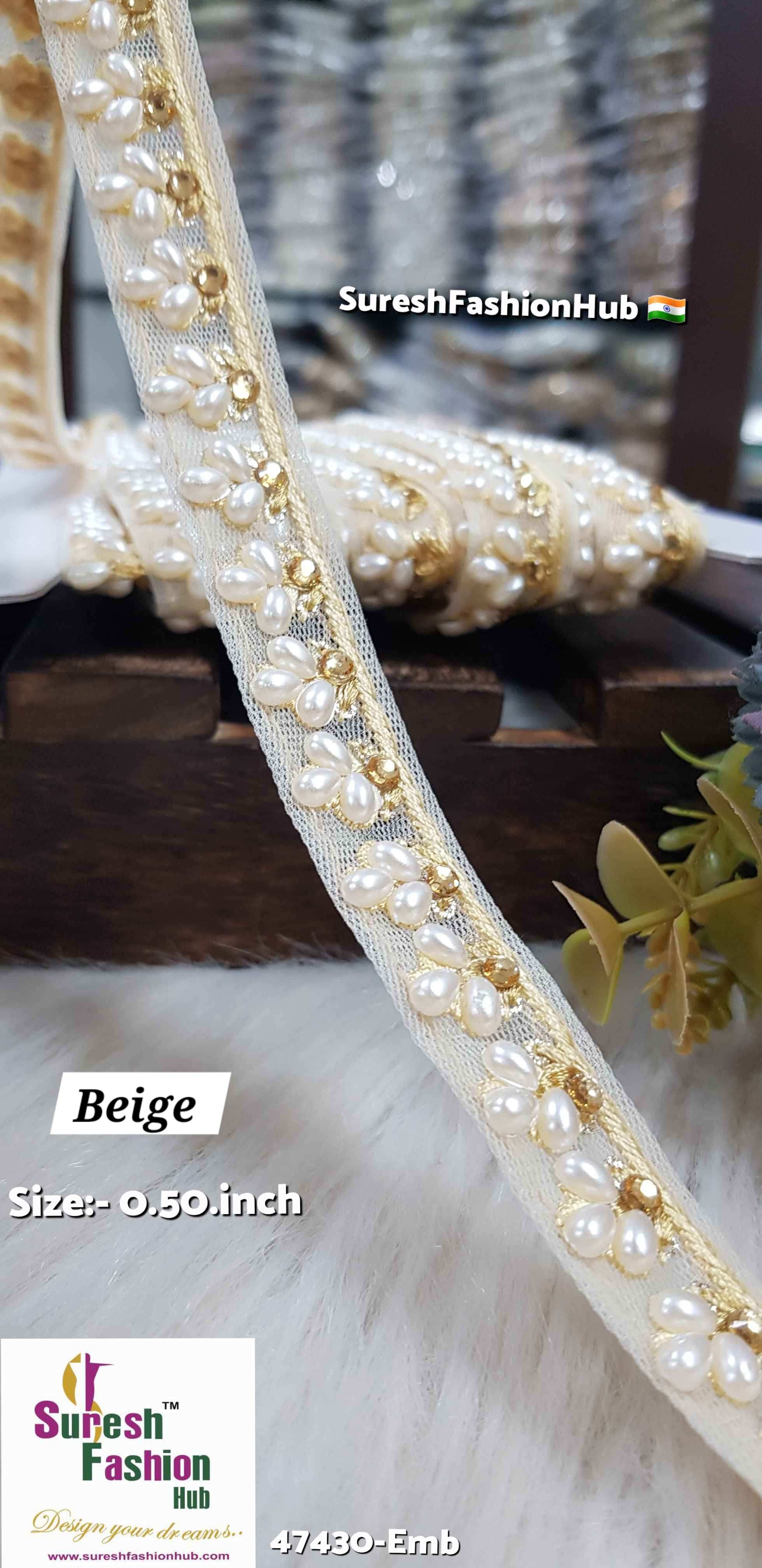 LuxeGlimmer Embroidered Trim Beige  Color