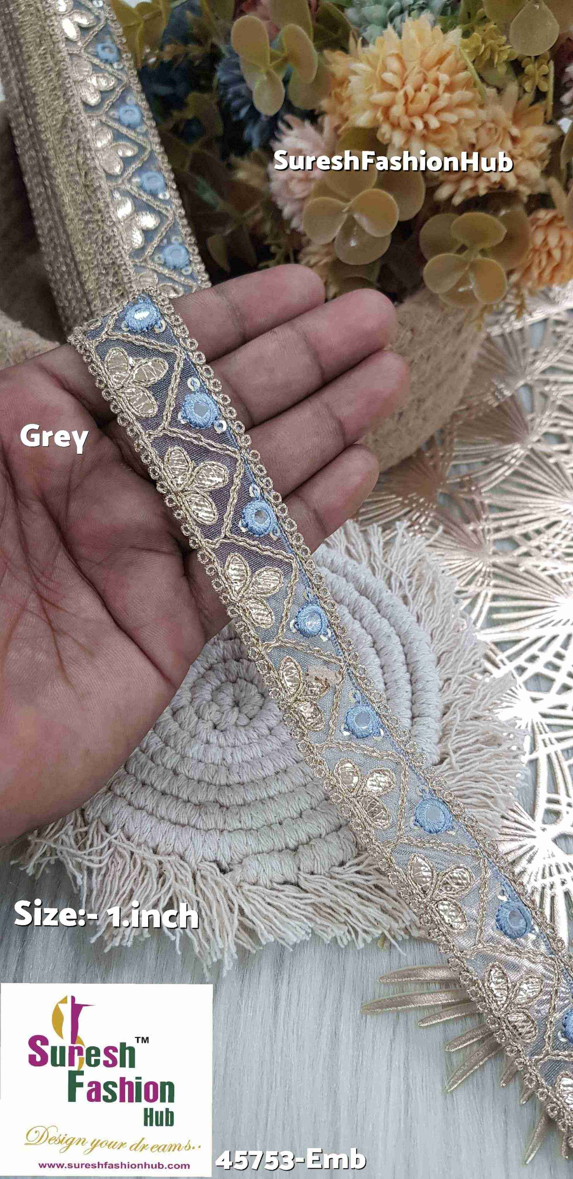 Glimmering Gota and Mirror Embroidered Grey Organza Lace