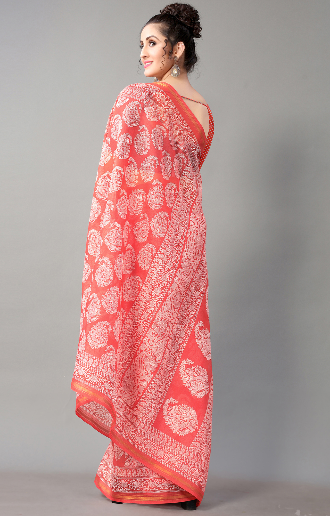 Women Peach Batick Block Print Casual Wear Saree-HAL21CTN00036PEACH