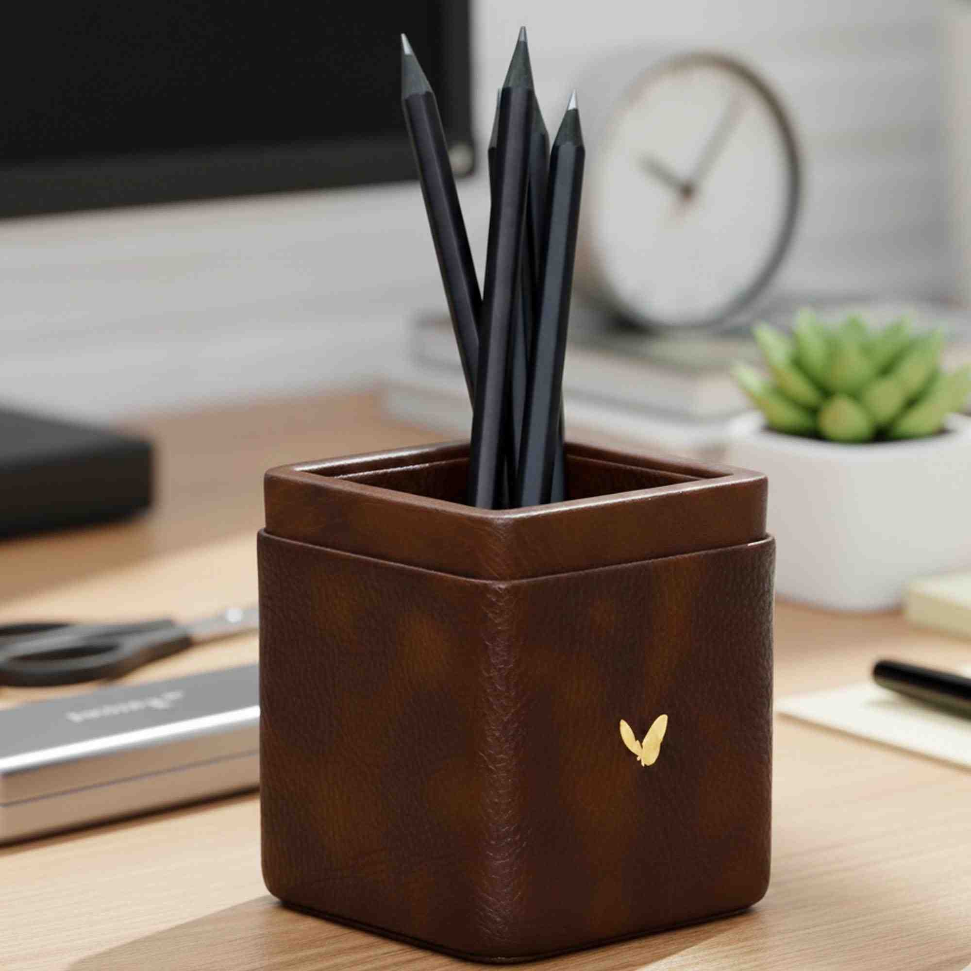 Classic Brown Faux Leather Square Pen Holder on Office Desk