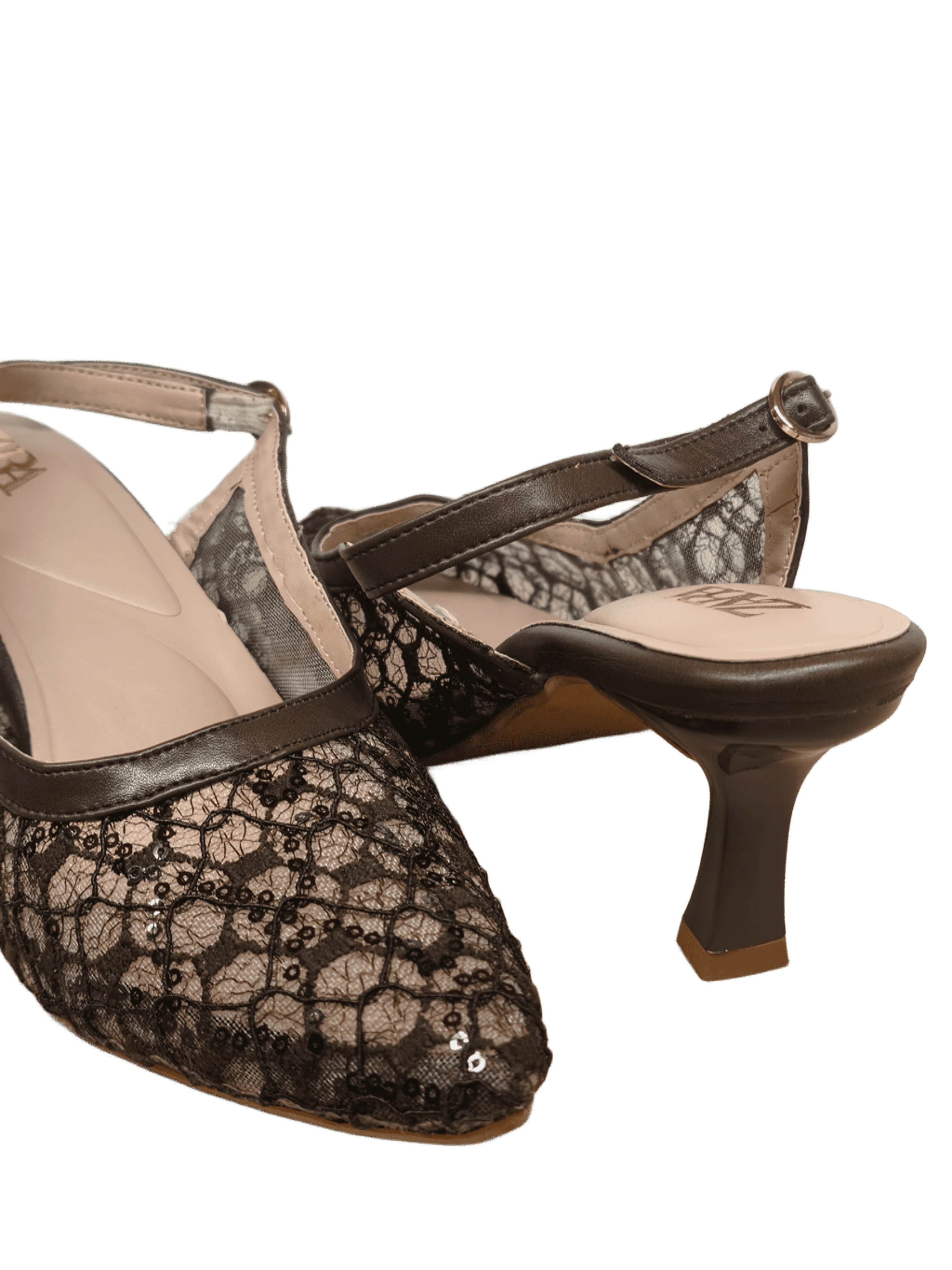 Hello Shoes Women's Brown Mesh Lace Slingback Kitten Heels