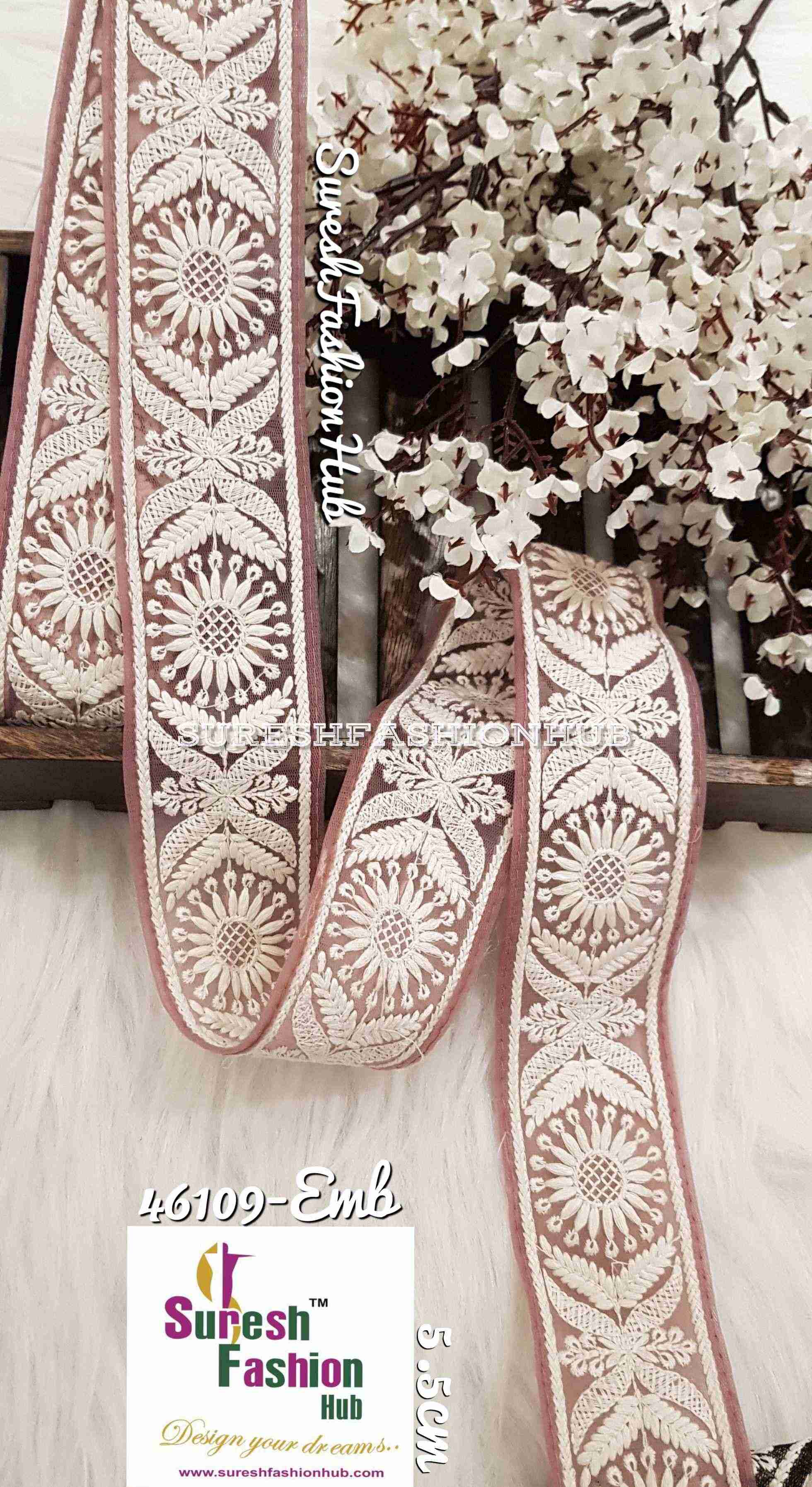 Thread Embroidered Flower & Leaves  Onion Pink Color Trim