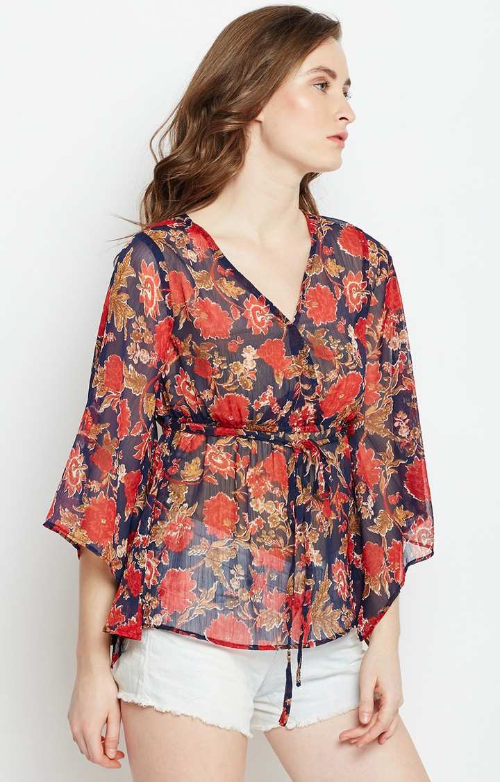 Oxblood Floral V Neck Top