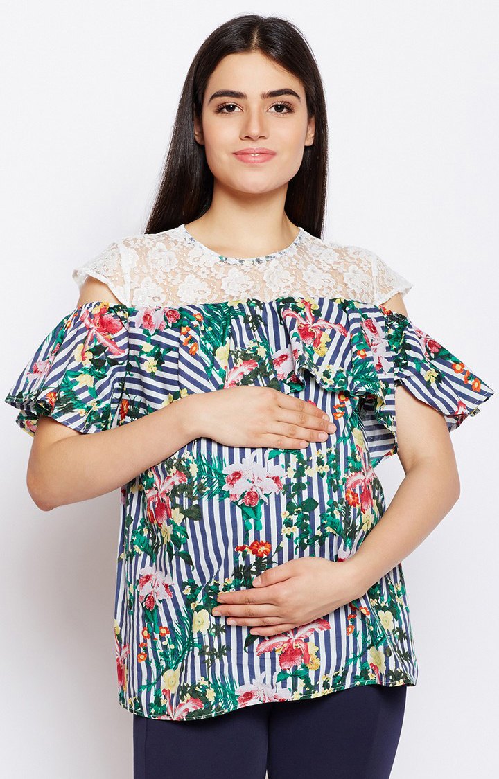 Stripe Bold Floral Lace Maternity Top