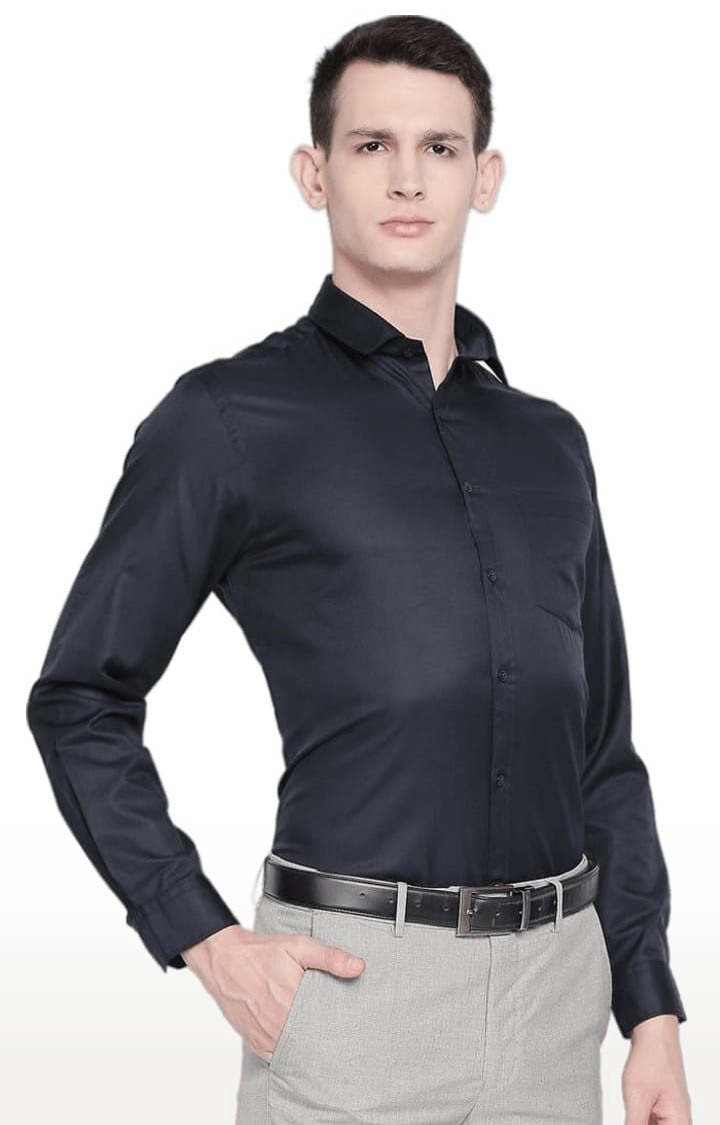 Men's Blue Cotton Blend Solid Formal Shirt