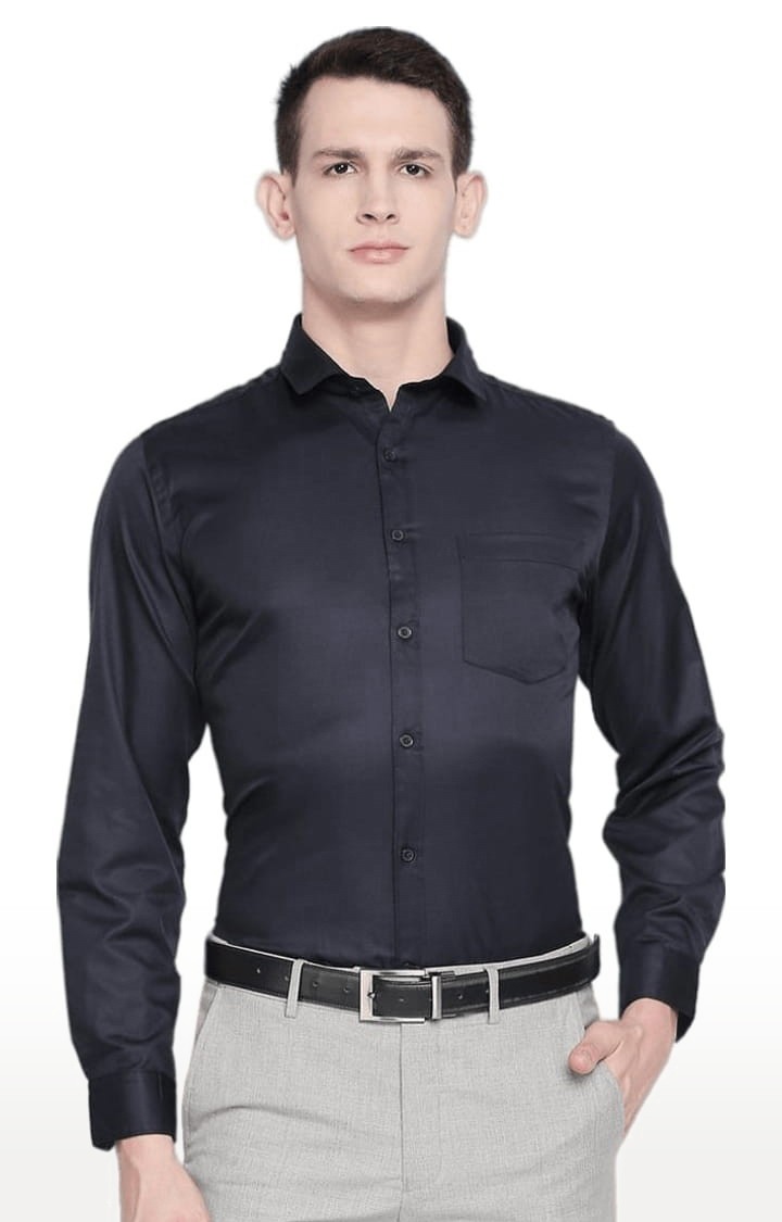 Men's Blue Cotton Blend Solid Formal Shirt
