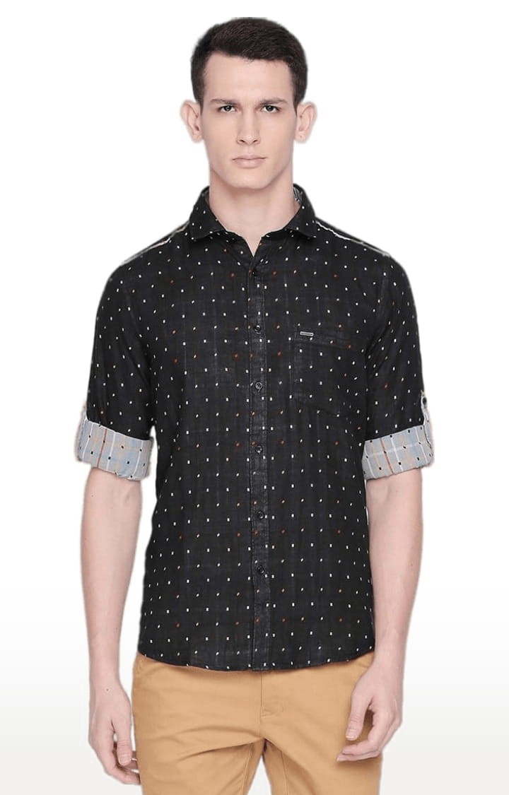 SOLEMIO | Men's Black Cotton Printed Casual Shirt 0