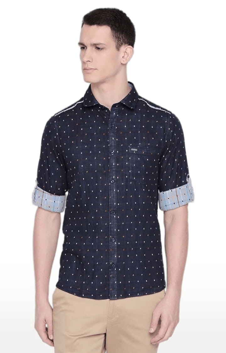SOLEMIO | Men's Blue Cotton Printed Casual Shirt 0