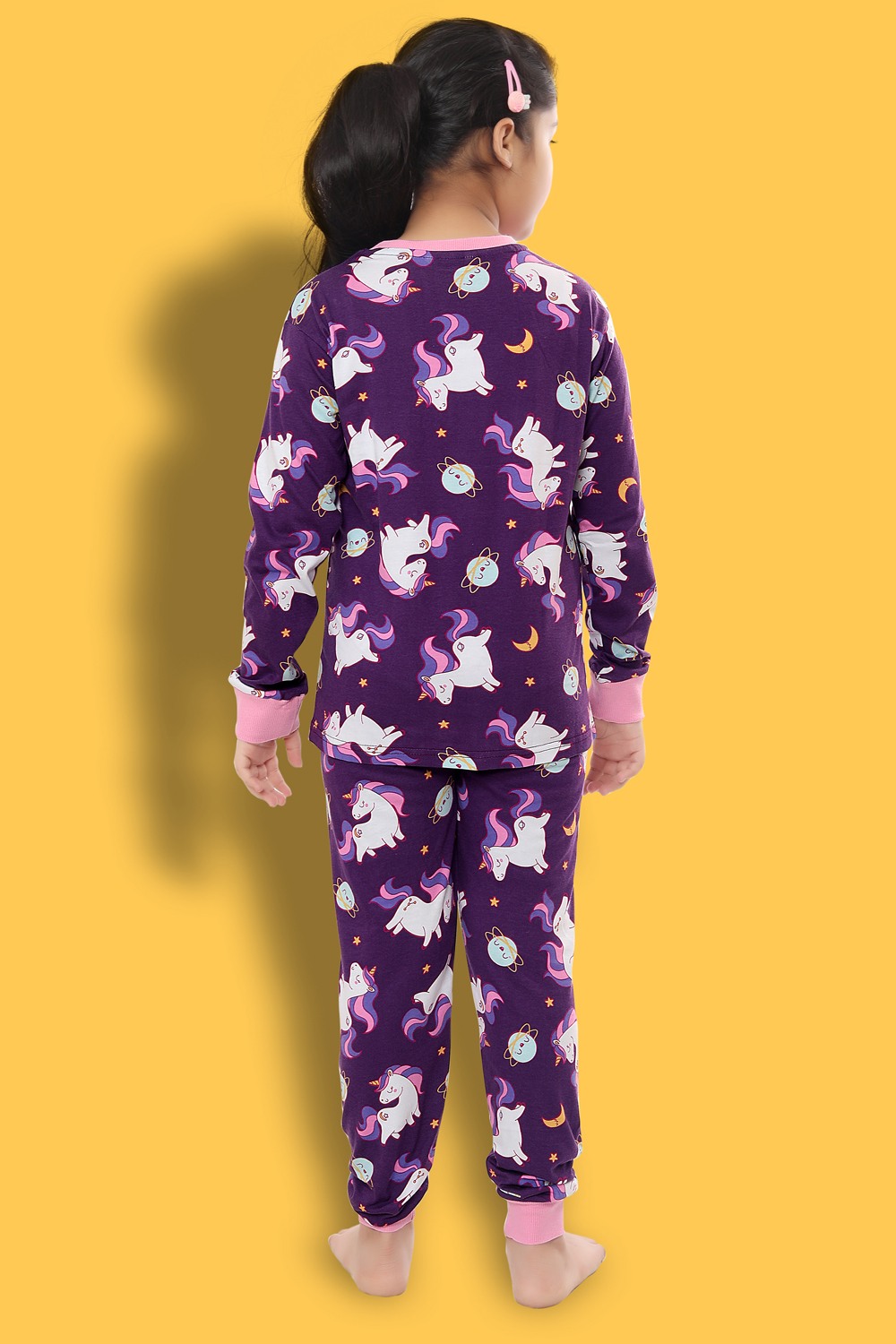 Ninos Dreams Girls Full Sleeves  Unicorn Printed Cotton Night Suit-Purple