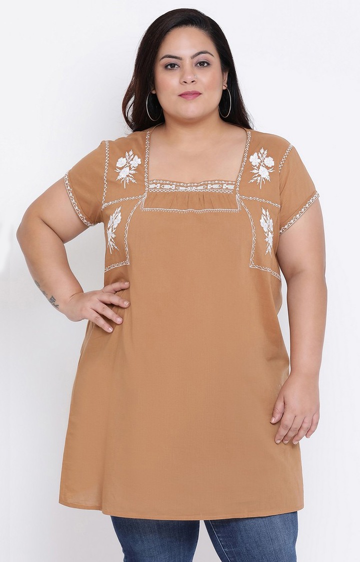 oxolloxo | Camel Velvet Embro Plus Size Tunic