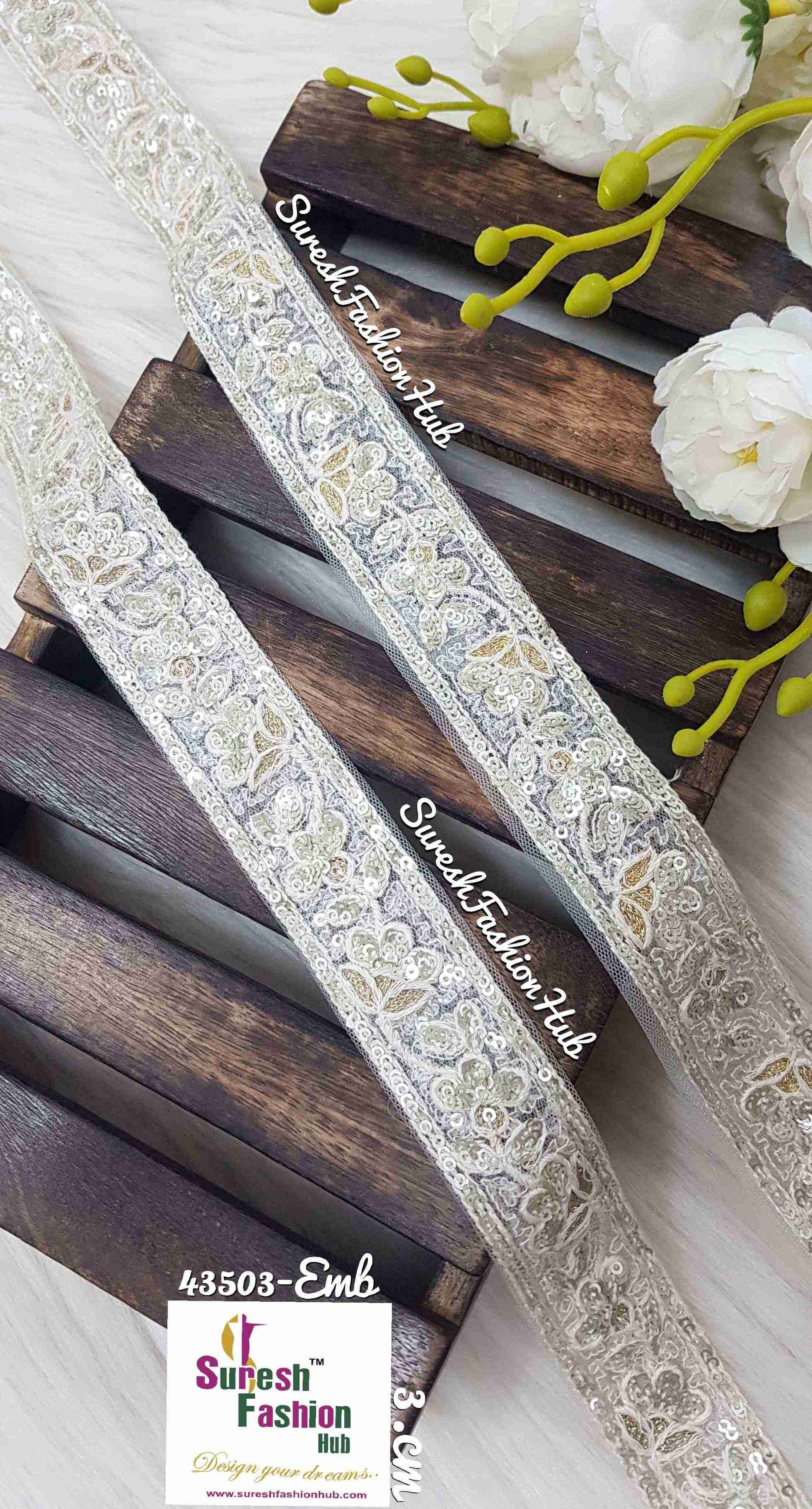 Gold Zari Web with White  Sequence Shine Net Embroidered Trim