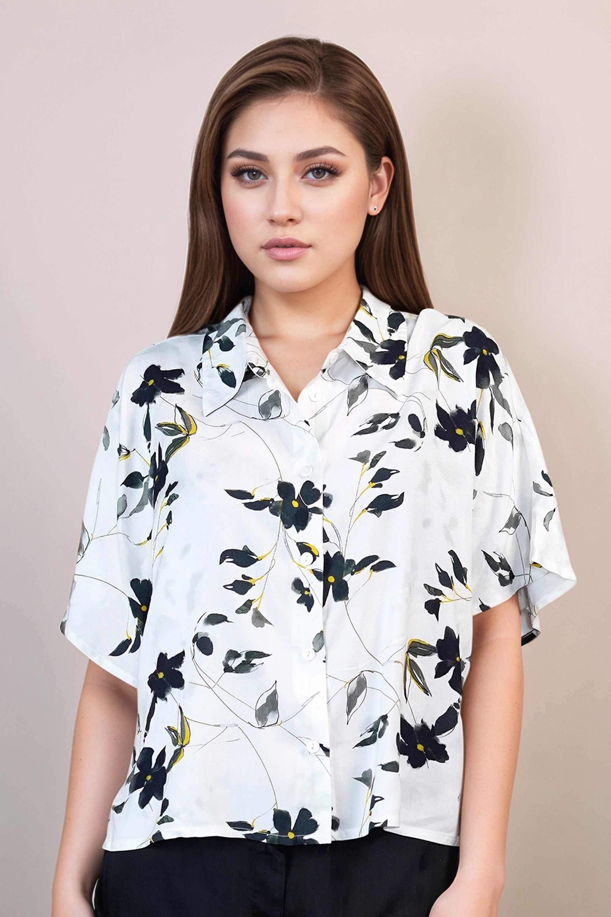 ZINK Floral Blended Fabric Collared Women's Shirt