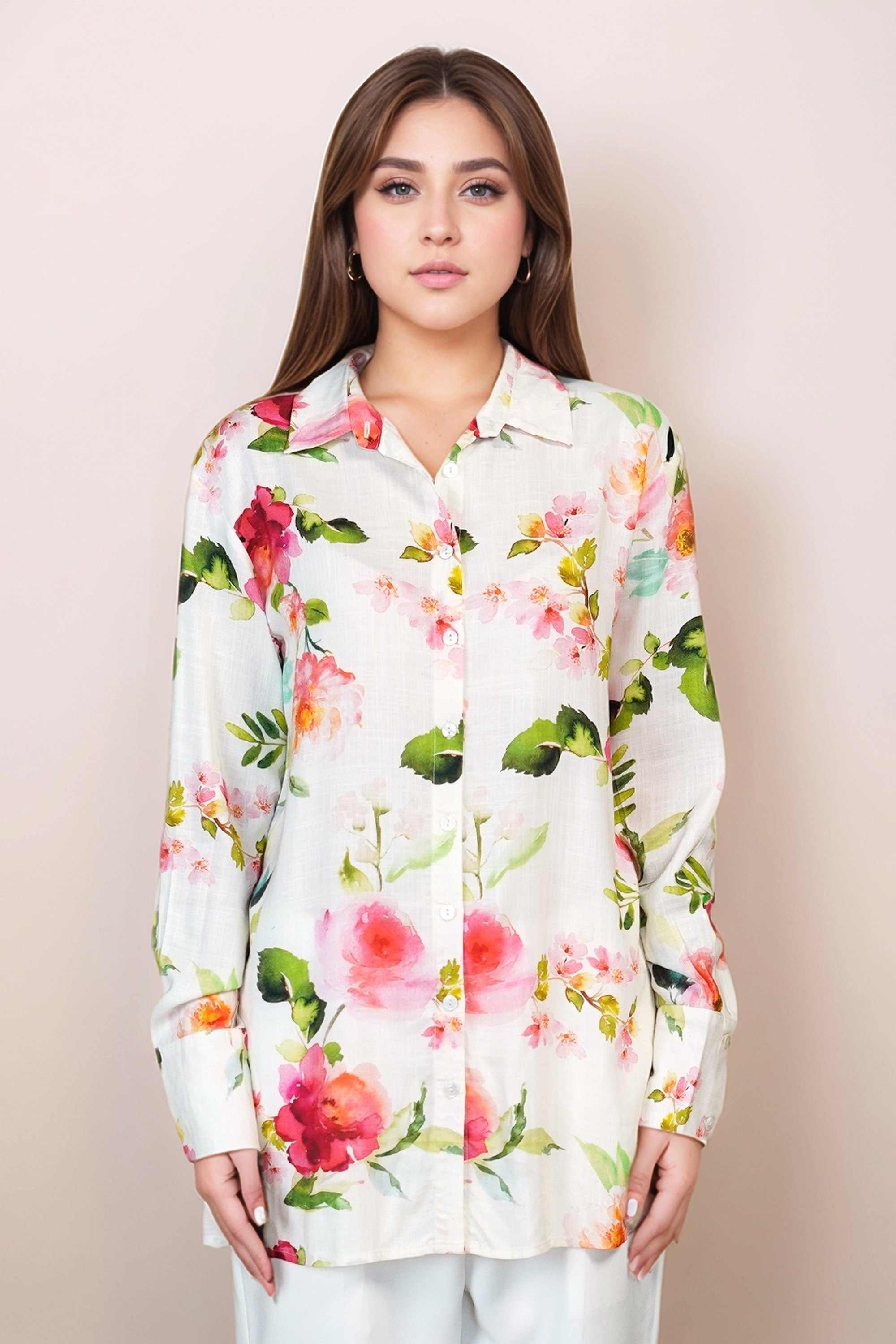ZINK Floral Blended Fabric Spread Collar Women's Casual Wear Shirt