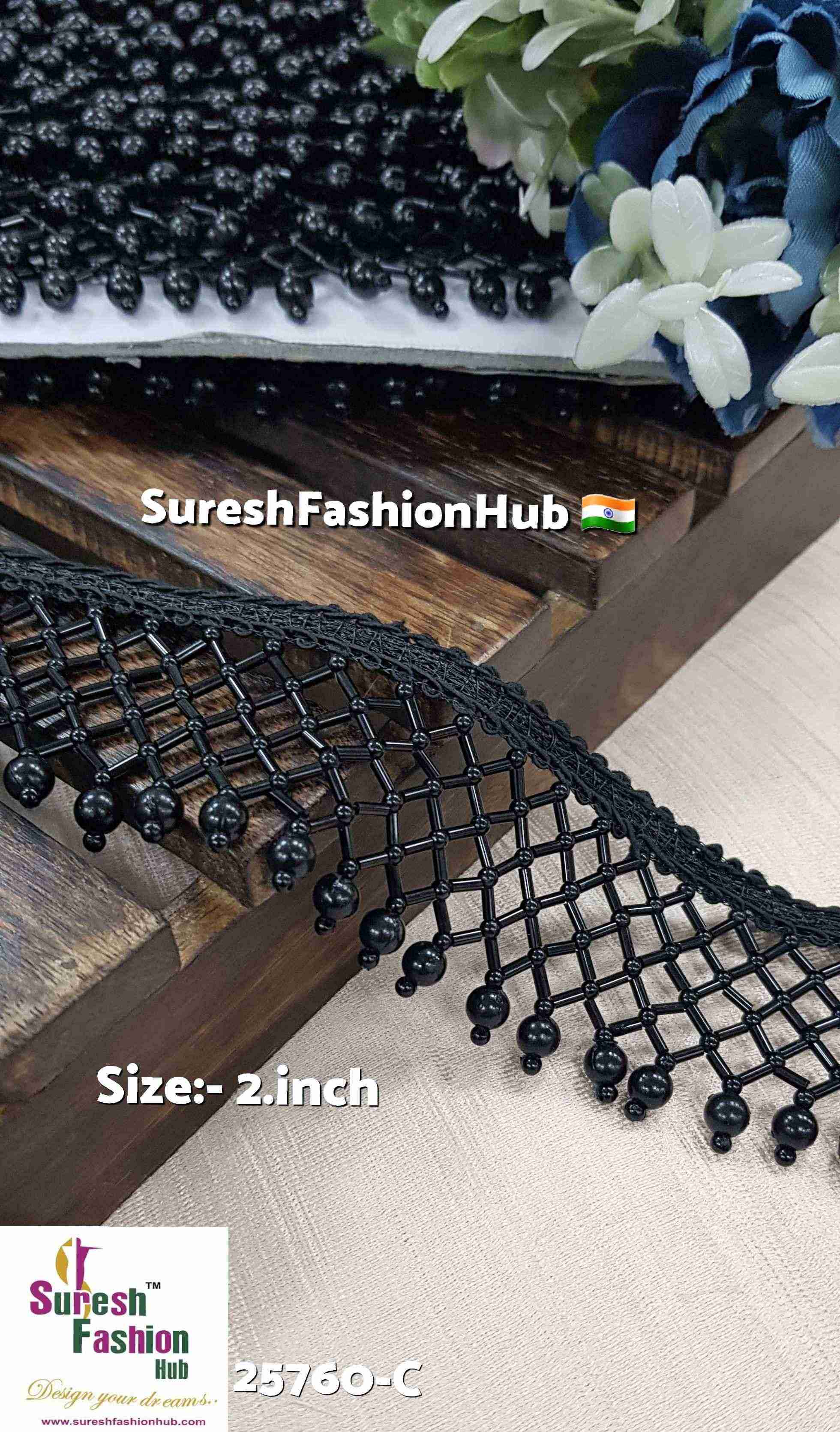 Black Handmade Beads, Kaddhana & Pearl Jhalar Lace