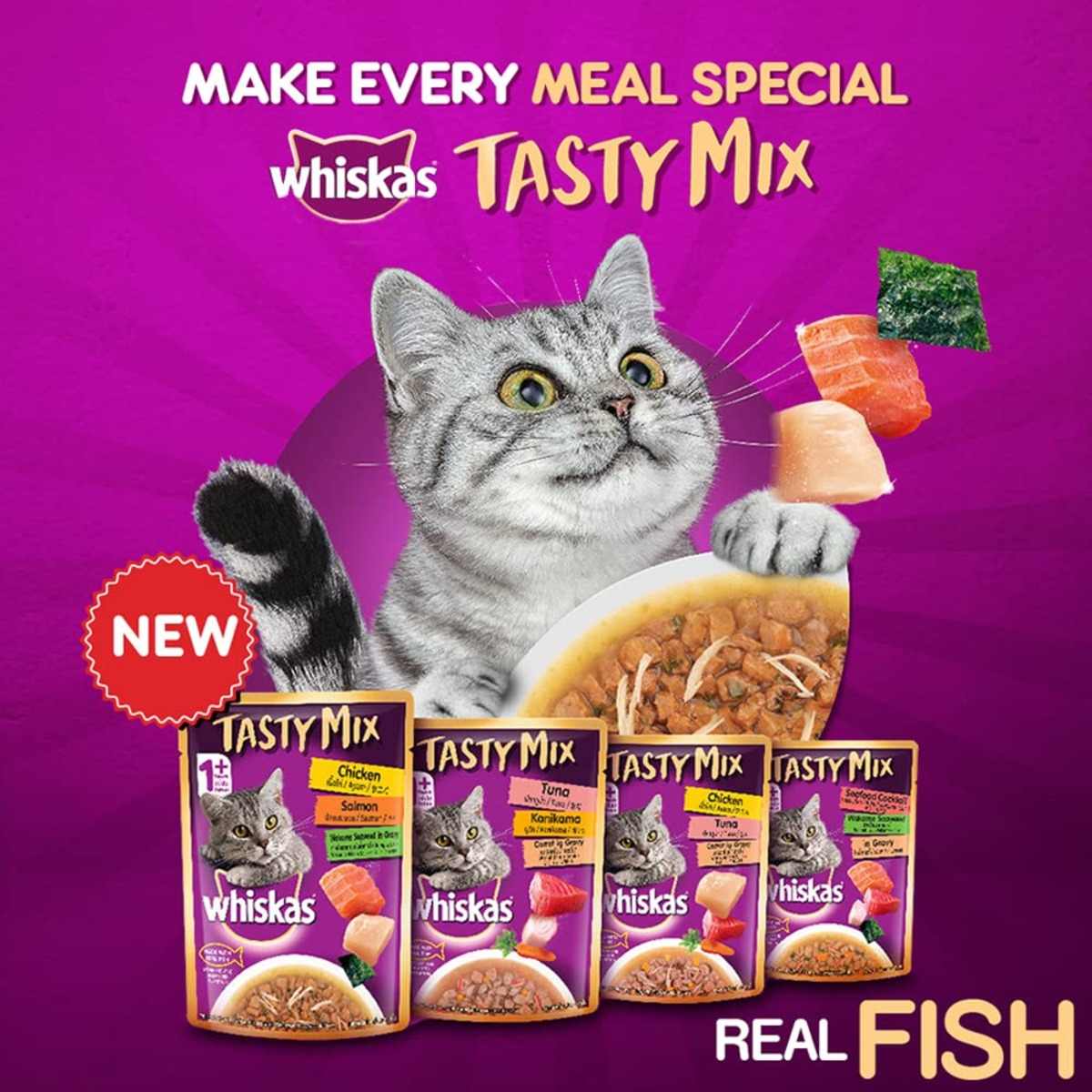 Whiskas Tasty Mix Salmon Wakame Chicken Seaweed In Gravy Wet Cat Food, 70g