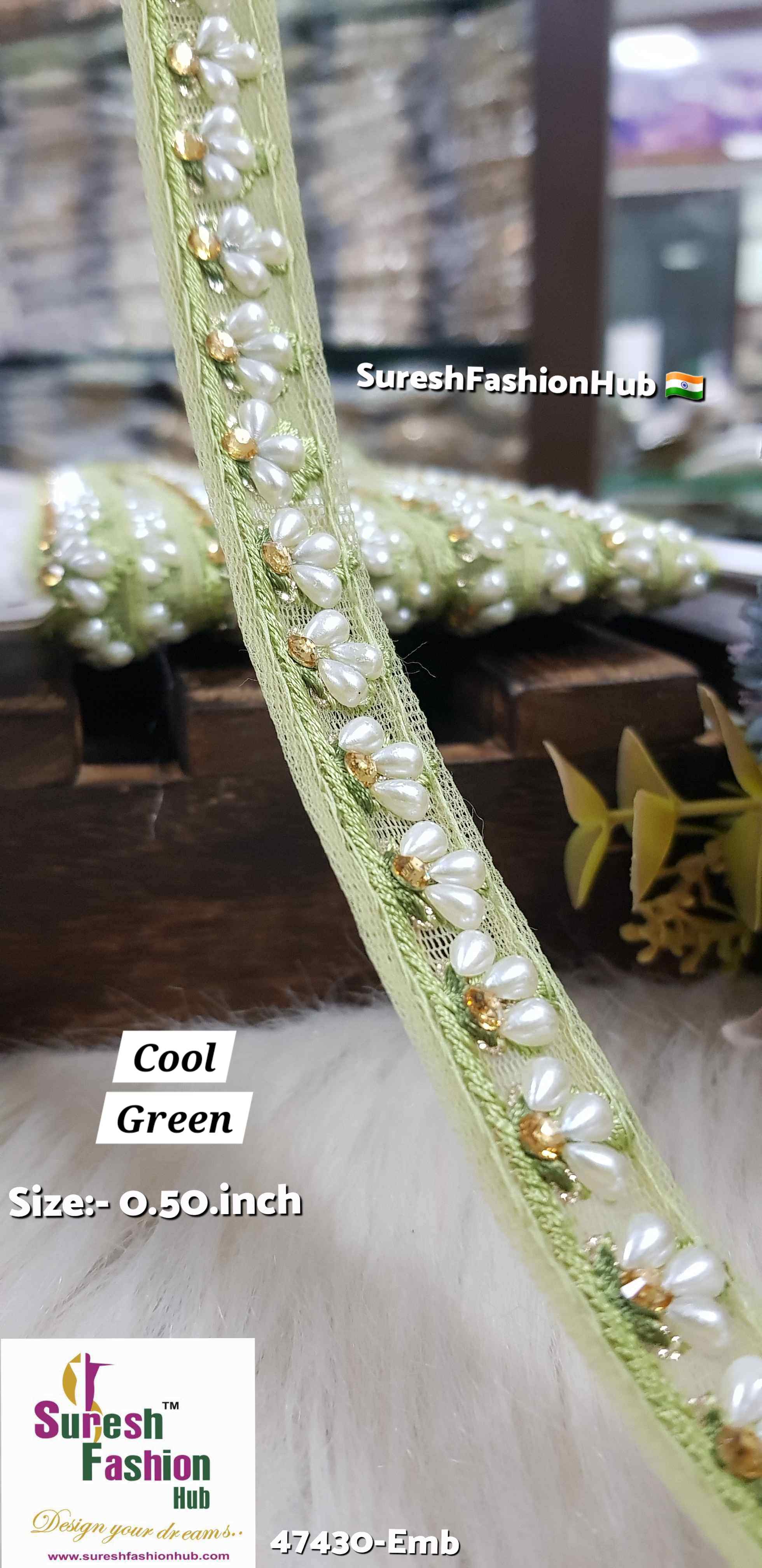 LuxeGlimmer Embroidered Trim Cool Green Color