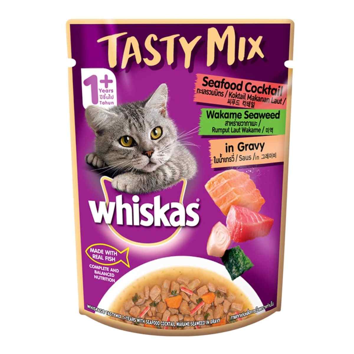 Whiskas Tasty Mix Seafood Cocktail Wakame Seaweed Gravy Wet Cat Food, 70g