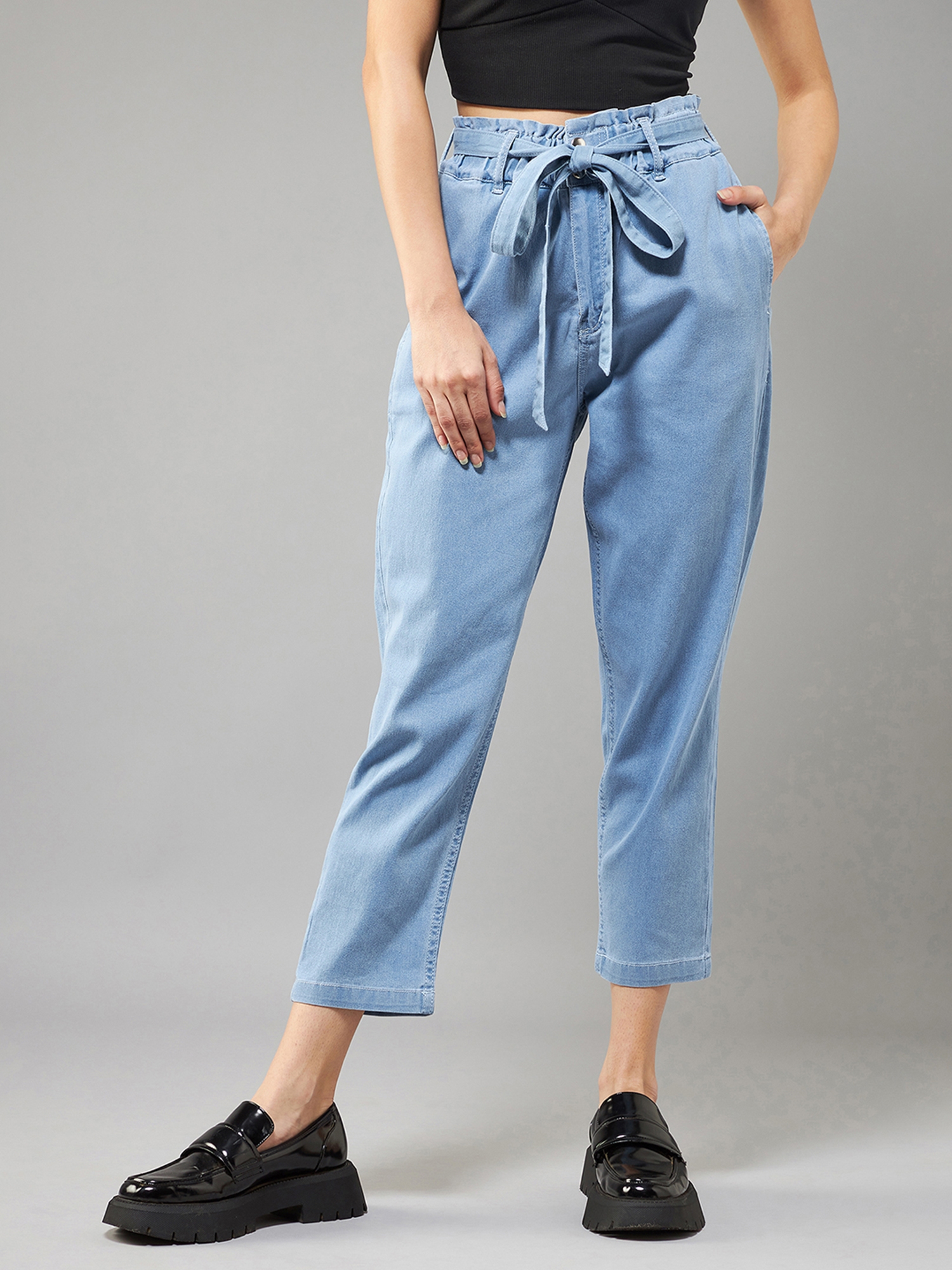 Women's Light Blue Paperbag High Rise Clean Look Regular Stretchable Denim Jeans