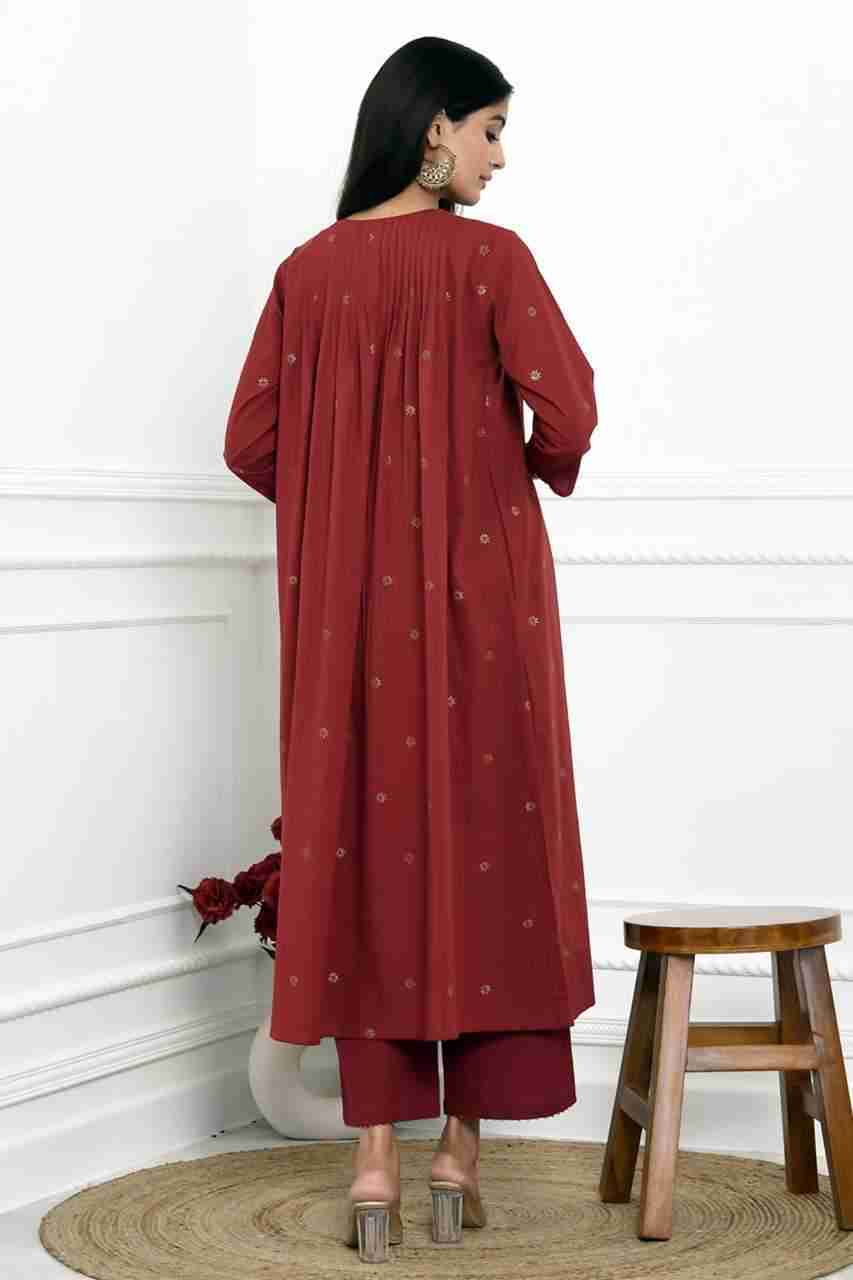 Naksh Maroon Gold Printed Pleated Kurta And Solid Pants (Set of 2)
