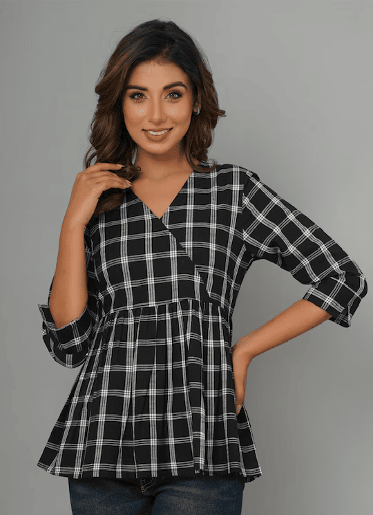 WOMEN BLACK CHECK PEPLUM TOP