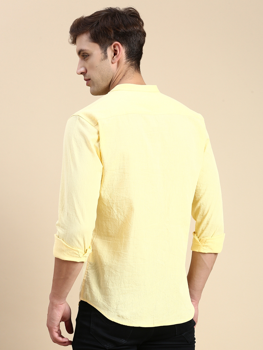 Showoff | SHOWOFF Men's Mandarin Collar Yellow Slim Fit Solid Shirt 3