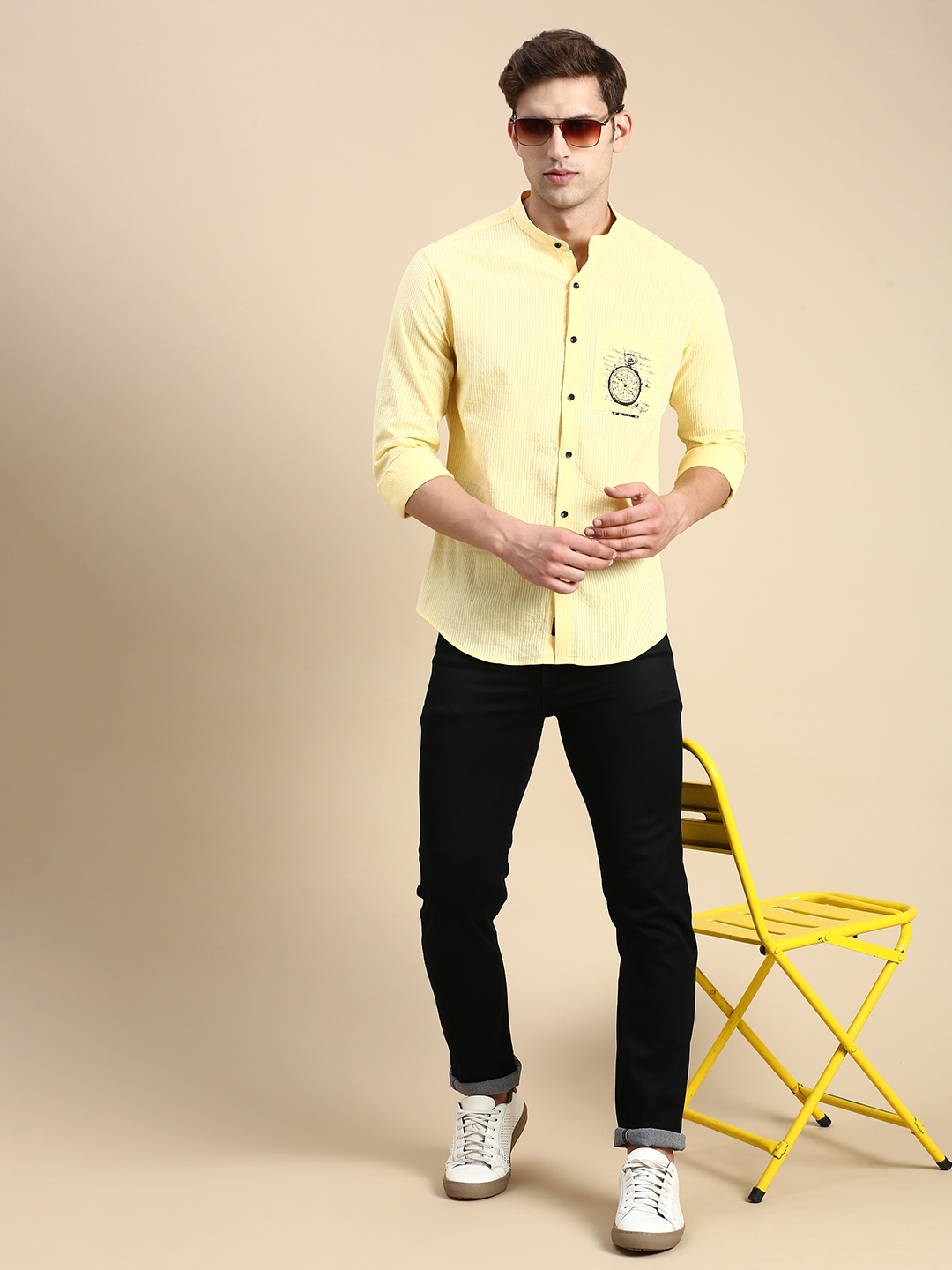 Showoff | SHOWOFF Men's Mandarin Collar Yellow Slim Fit Solid Shirt 4