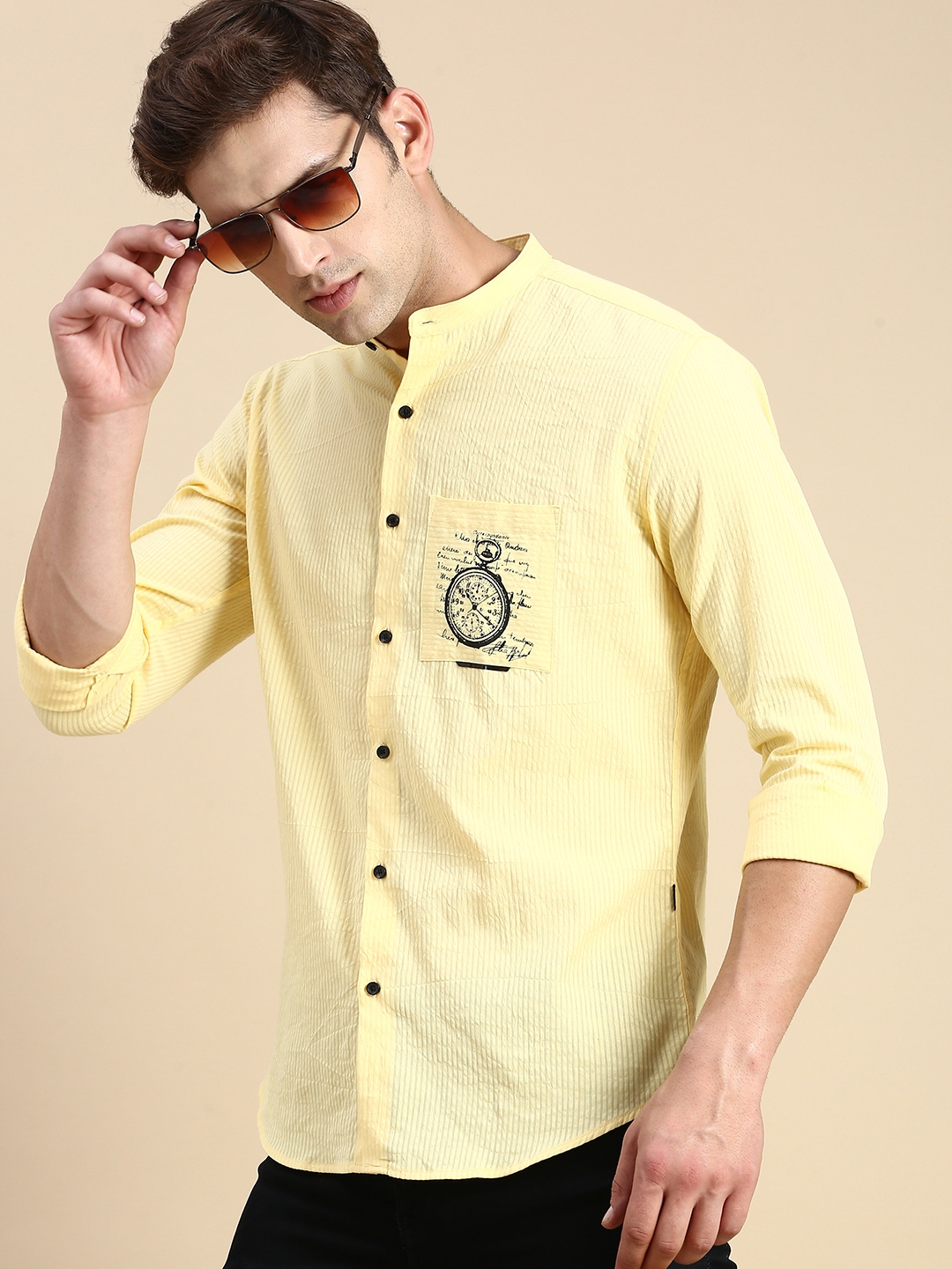 Showoff | SHOWOFF Men's Mandarin Collar Yellow Slim Fit Solid Shirt 0