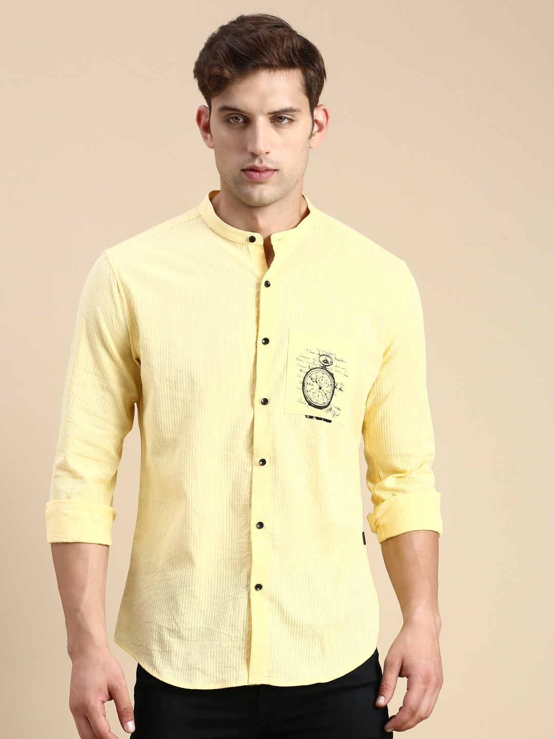 Showoff | SHOWOFF Men's Mandarin Collar Yellow Slim Fit Solid Shirt 1