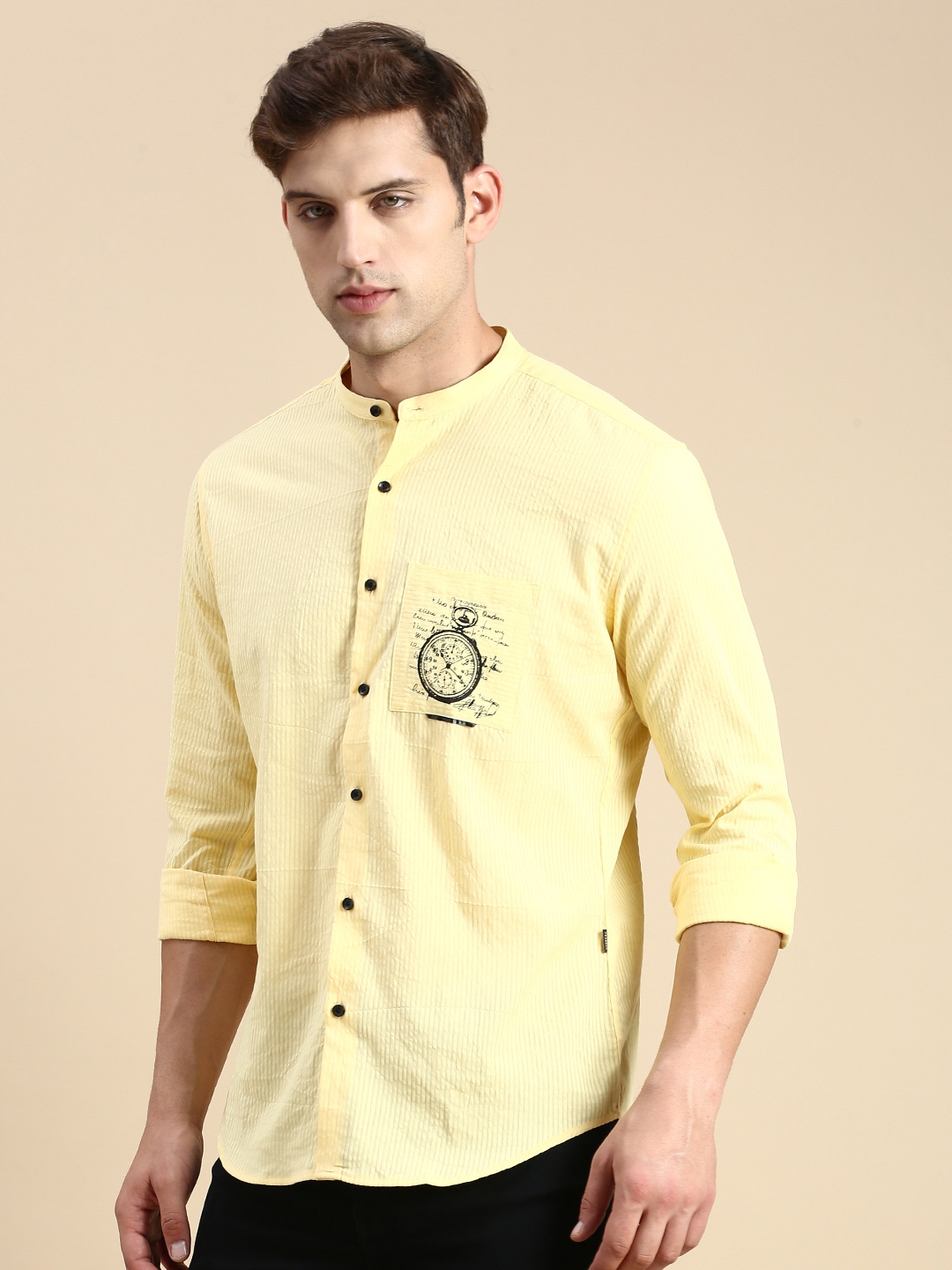 Showoff | SHOWOFF Men's Mandarin Collar Yellow Slim Fit Solid Shirt 2