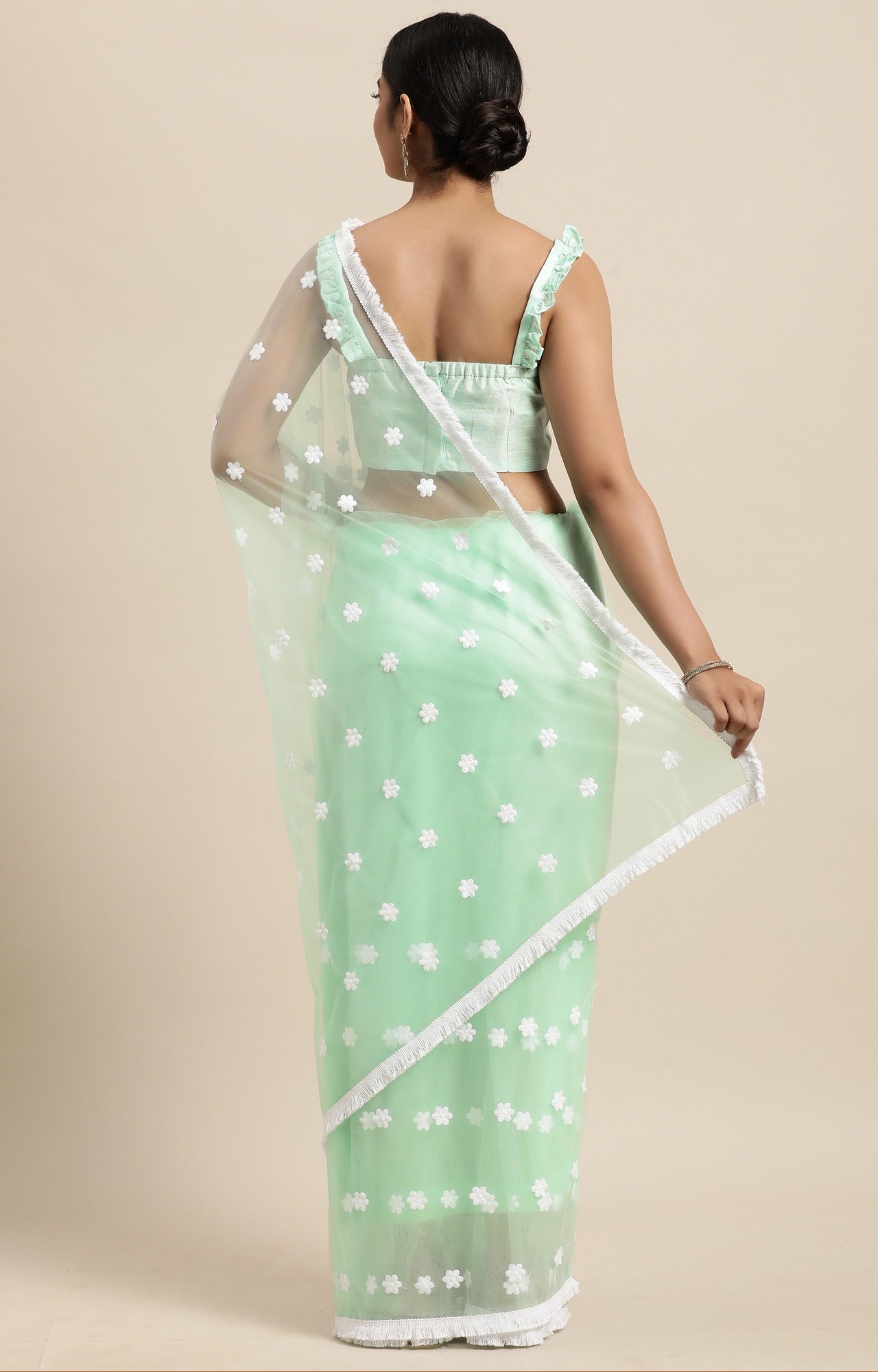 Janasya | Janasya Women's Sea Green Net Embroidered Saree with Blouse Piece 1