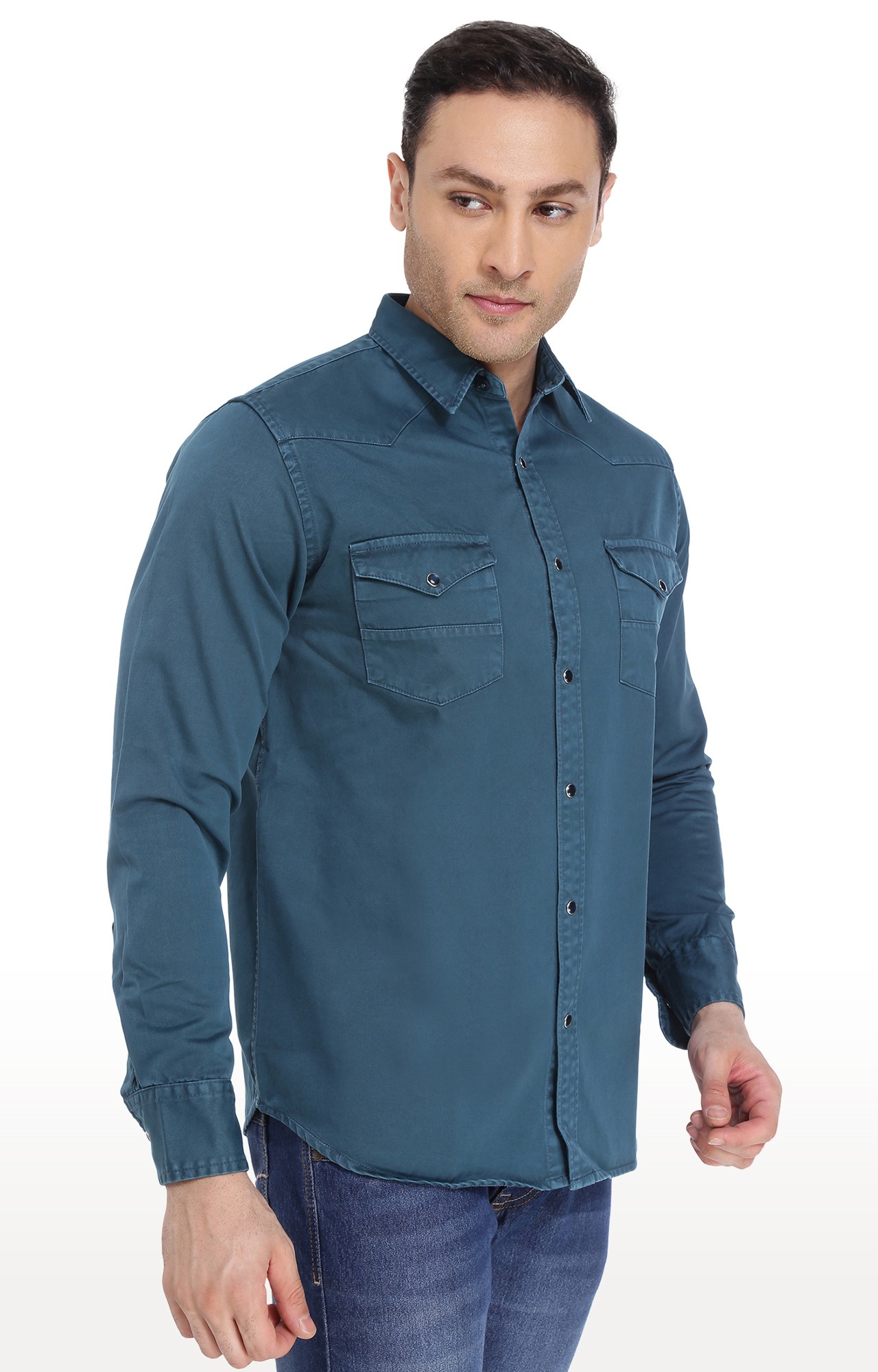 Southbay Men's Teal Blue Casual Denim Shirt