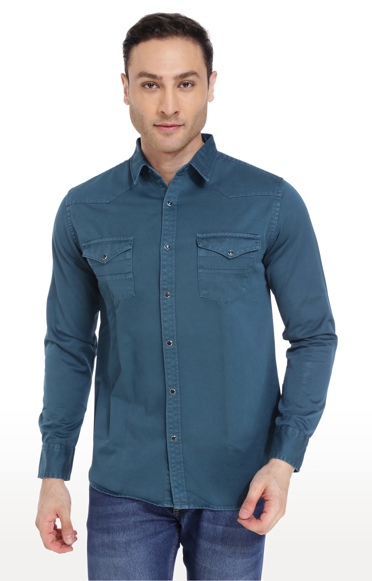 Southbay Men's Teal Blue Casual Denim Shirt