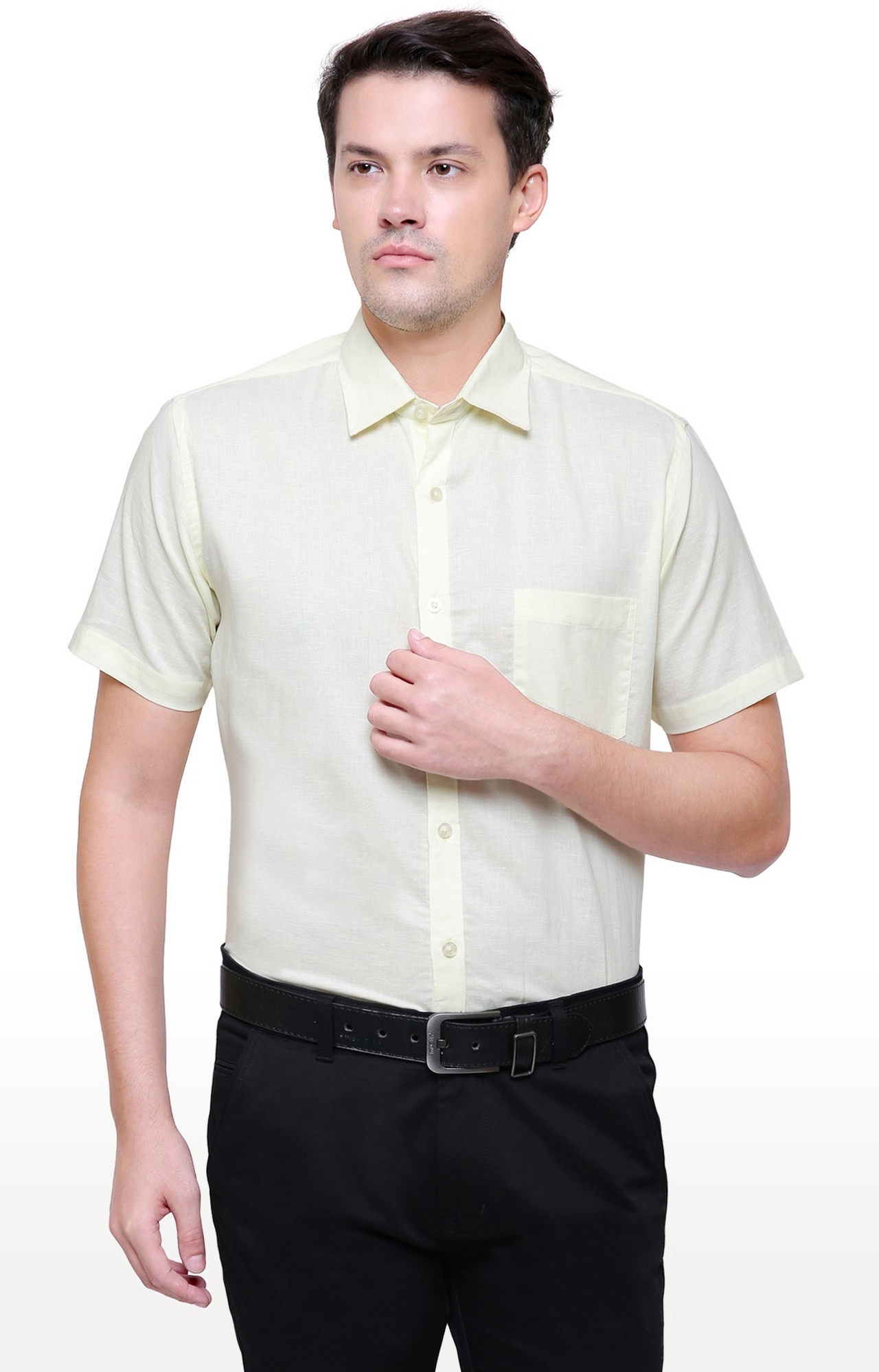 Southbay Men's Light Yellow Half Sleeve Linen Cotton Formal Shirt