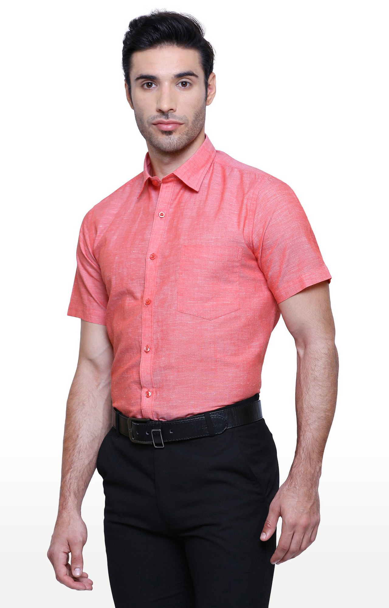 Southbay Men's Salmon Pink Half Sleeve Linen Cotton Formal Shirt