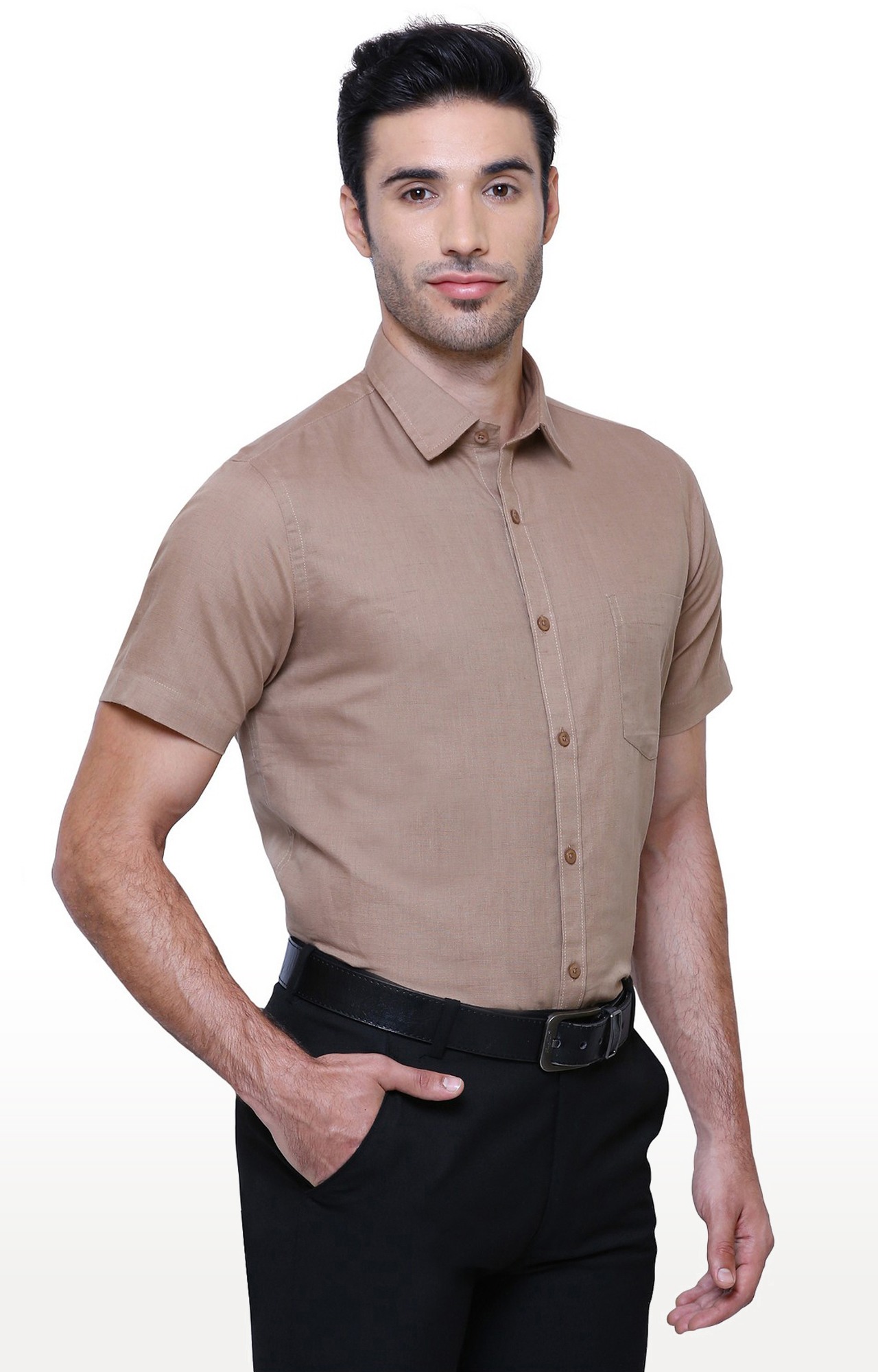 Southbay Men's Dark Beige Half Sleeve Linen Cotton Formal Shirt