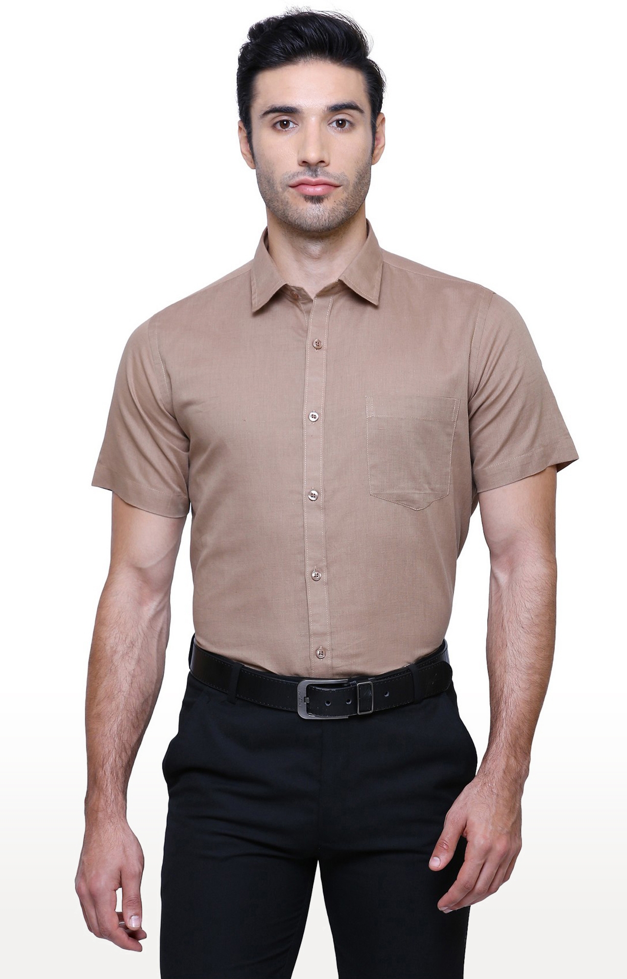 Southbay Men's Dark Beige Half Sleeve Linen Cotton Formal Shirt