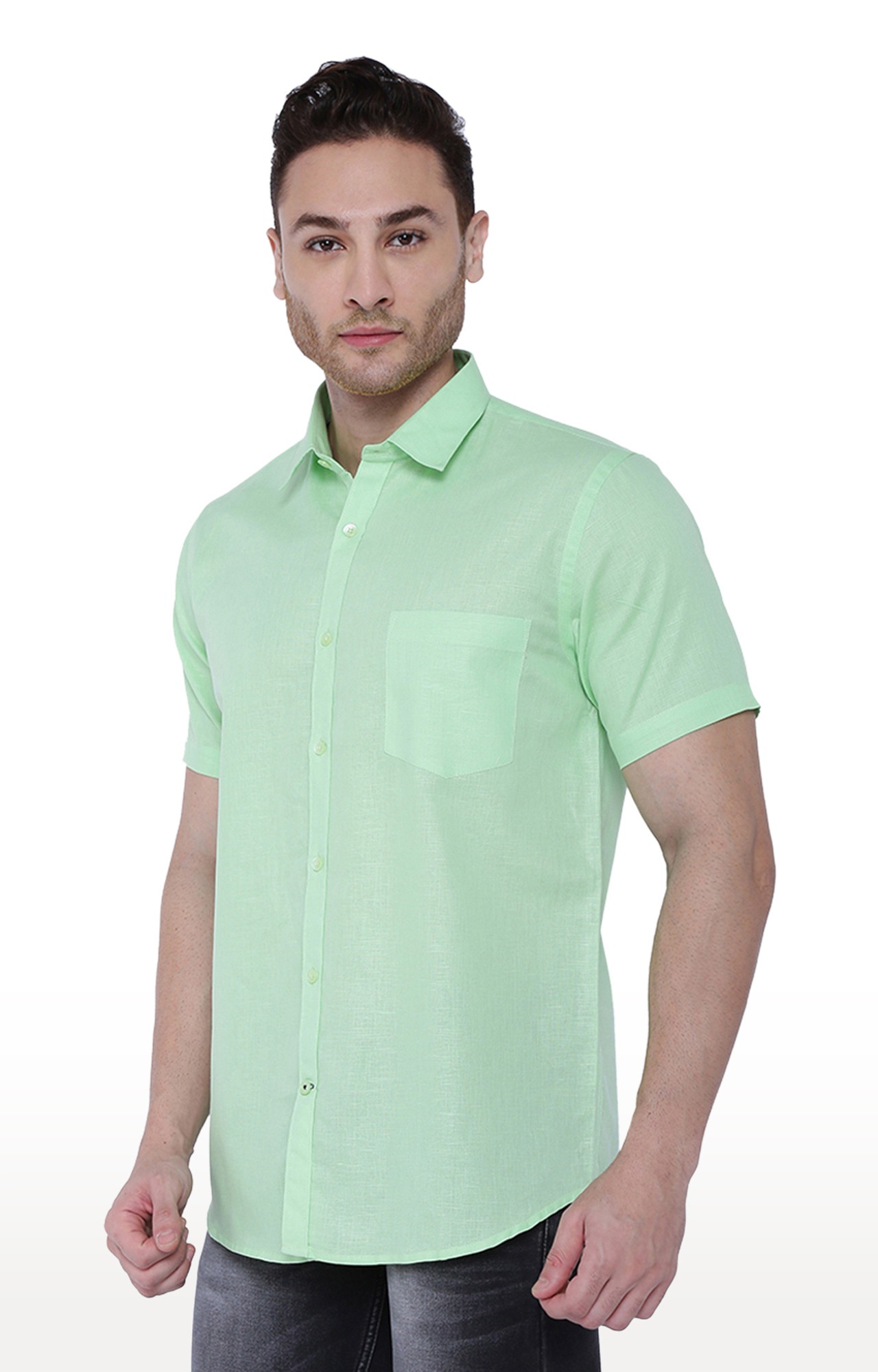 Southbay Men's Pista Green Half Sleeve Linen Cotton Formal Shirt- SBCLHS243A