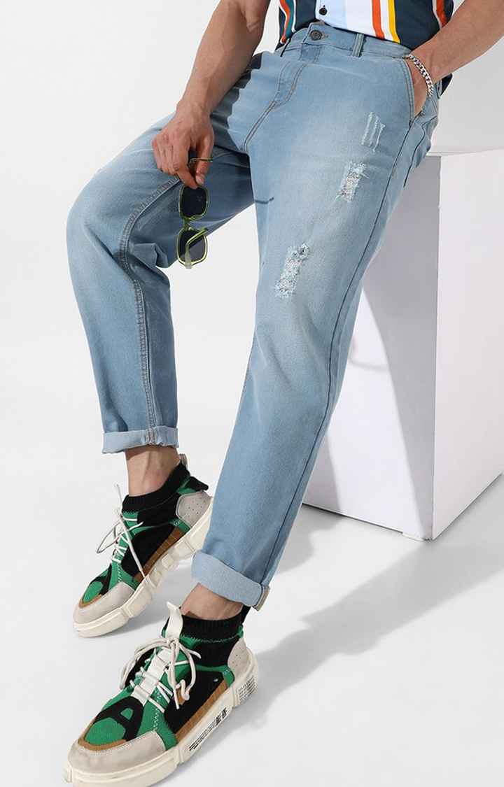 CAMPUS SUTRA | Men's Light Blue Ripped Denim Ripped Jeans