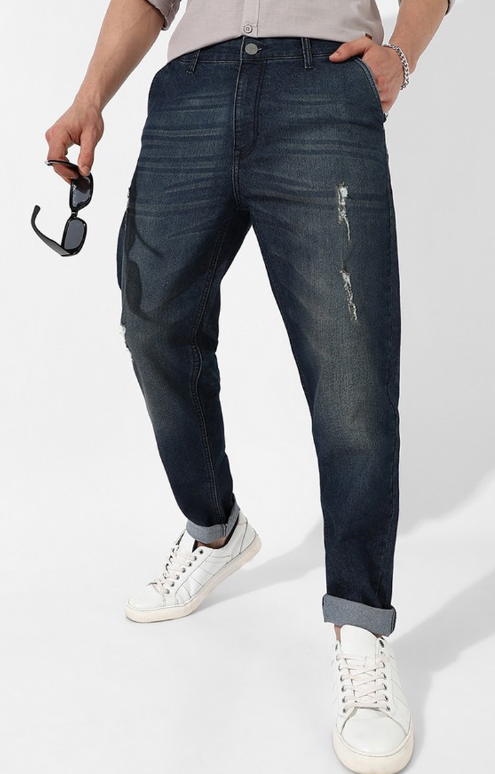 Men's Dark Blue Denim Solid Regular Jeans