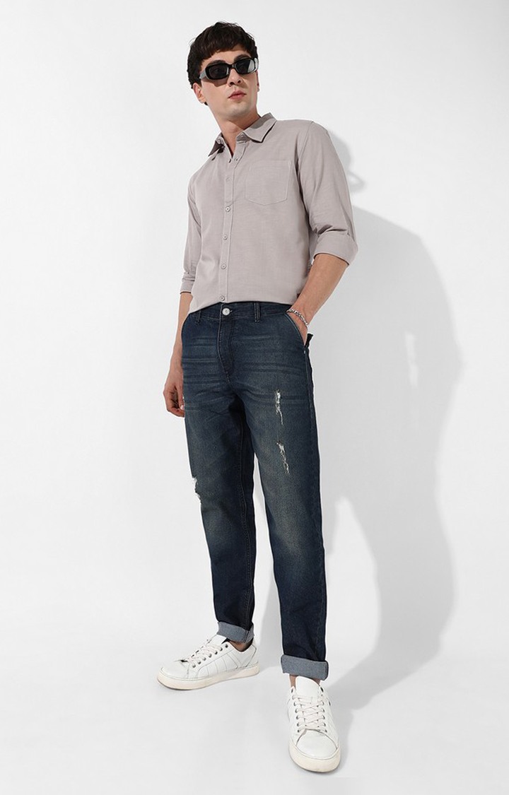 Men's Dark Blue Ripped Denim Regular Jeans