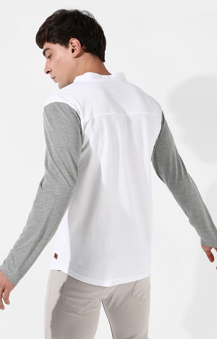 Men's White and Grey Cotton Colourblock Casual Shirt