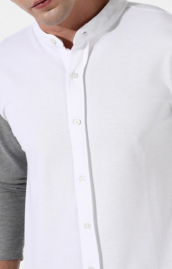 Men's White and Grey Cotton Colourblock Casual Shirt