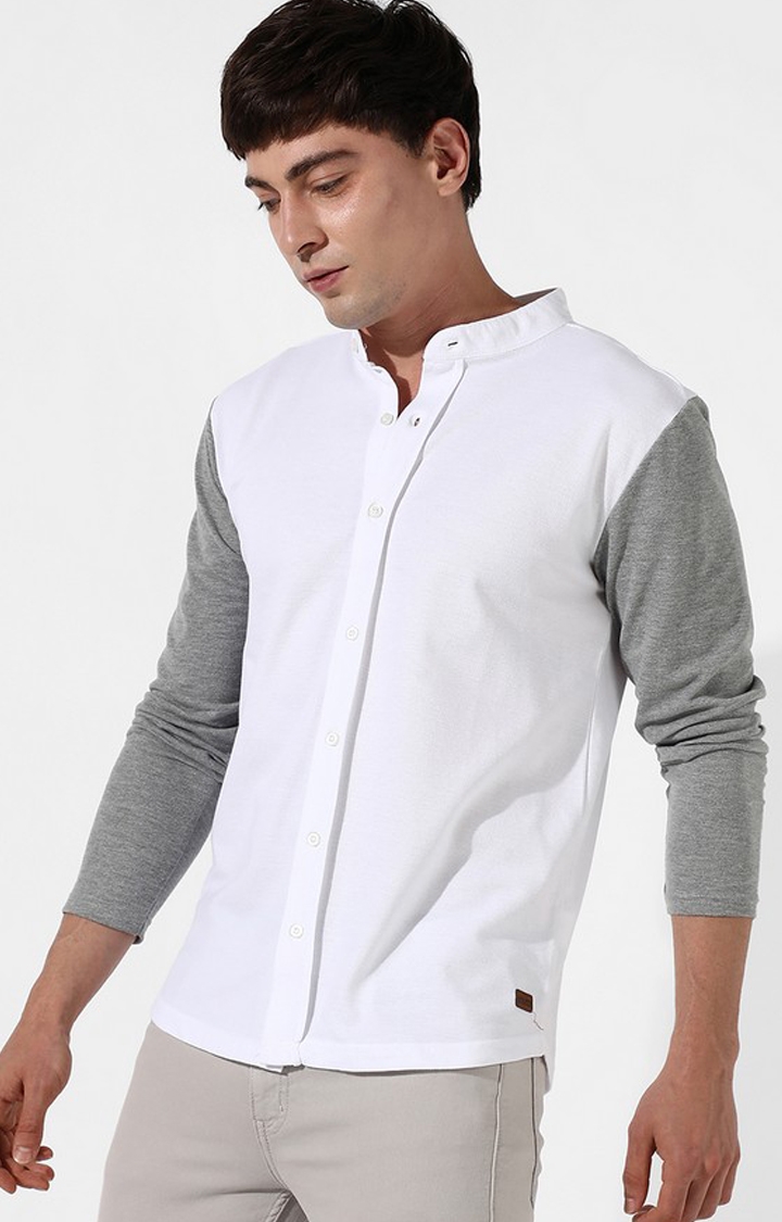 Men's White and Grey Cotton Colourblock Casual Shirt