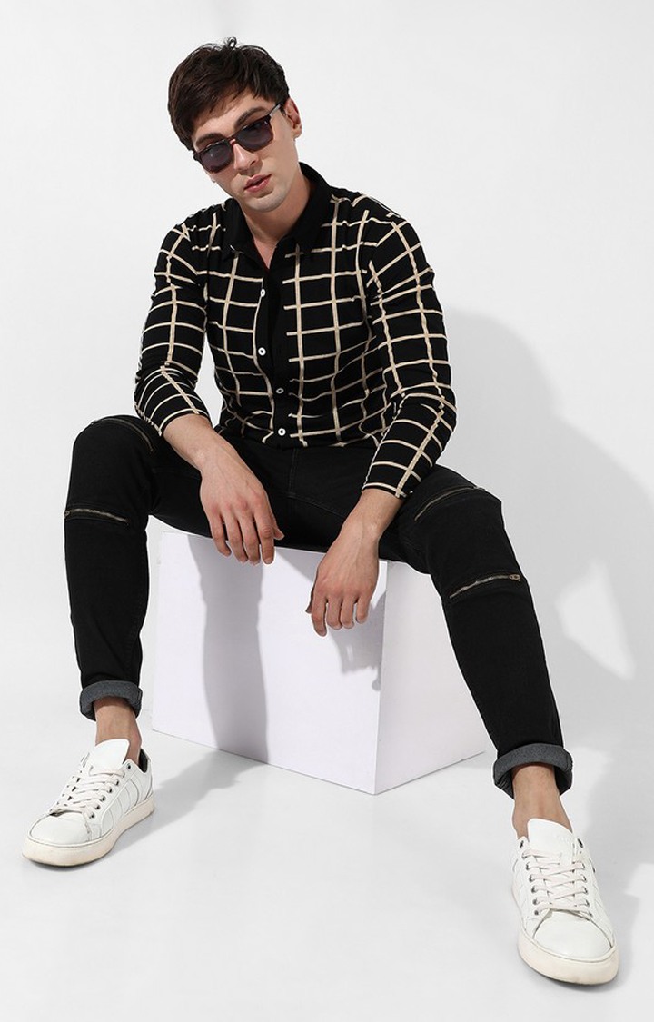 Men's Black Cotton Checked Casual Shirt