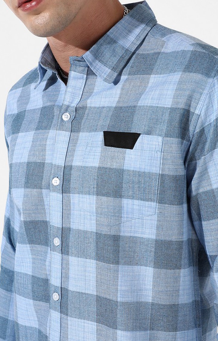 Men's Blue Cotton Checked Casual Shirt