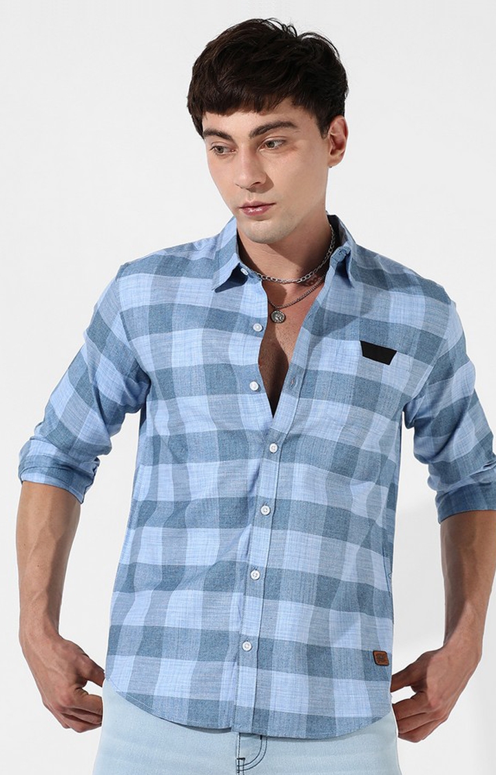 Men's Blue Cotton Checked Casual Shirt