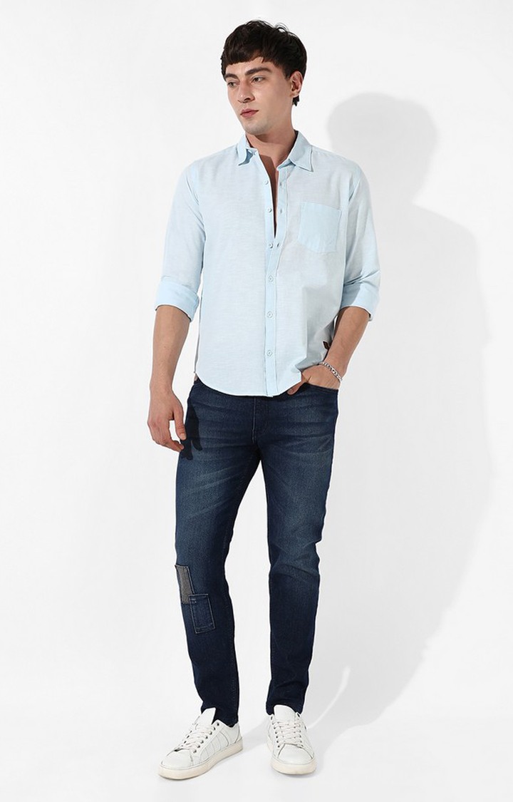 Men's Light Blue Cotton Solid Casual Shirt