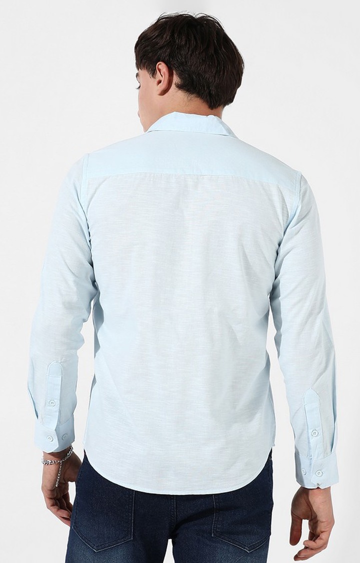 Men's Light Blue Cotton Solid Casual Shirt